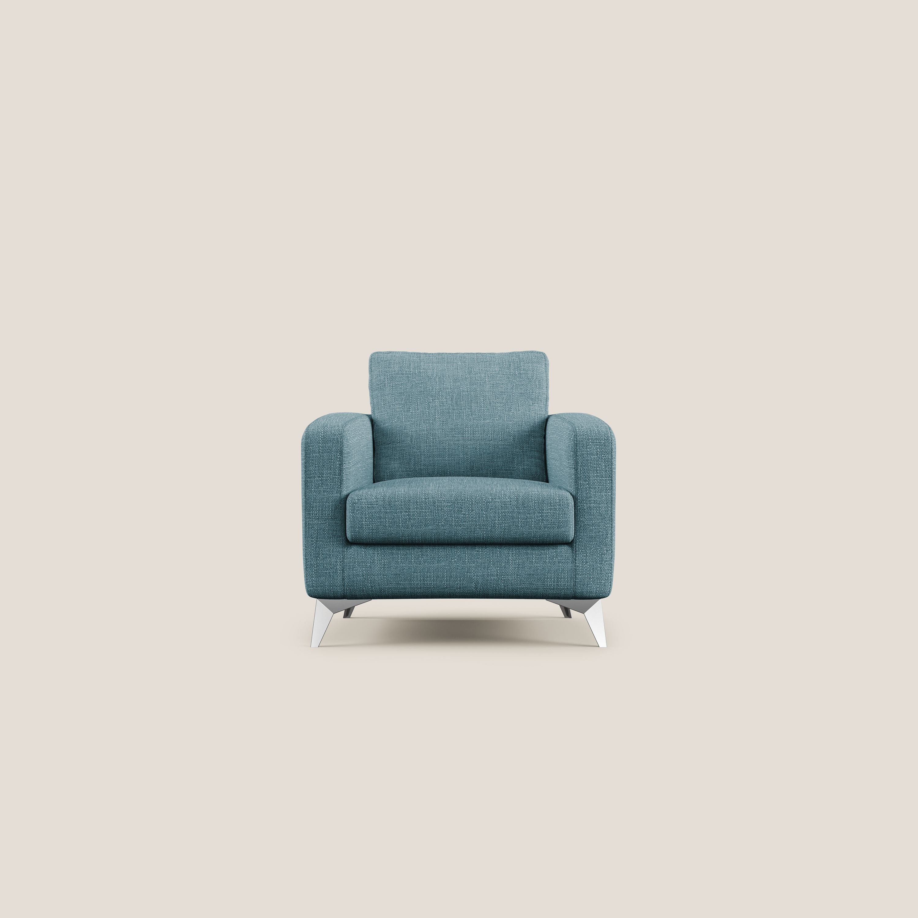 Orione Poltroncina in morbido tessuto impermeabile ad intreccio T06 azzurro - divani.store