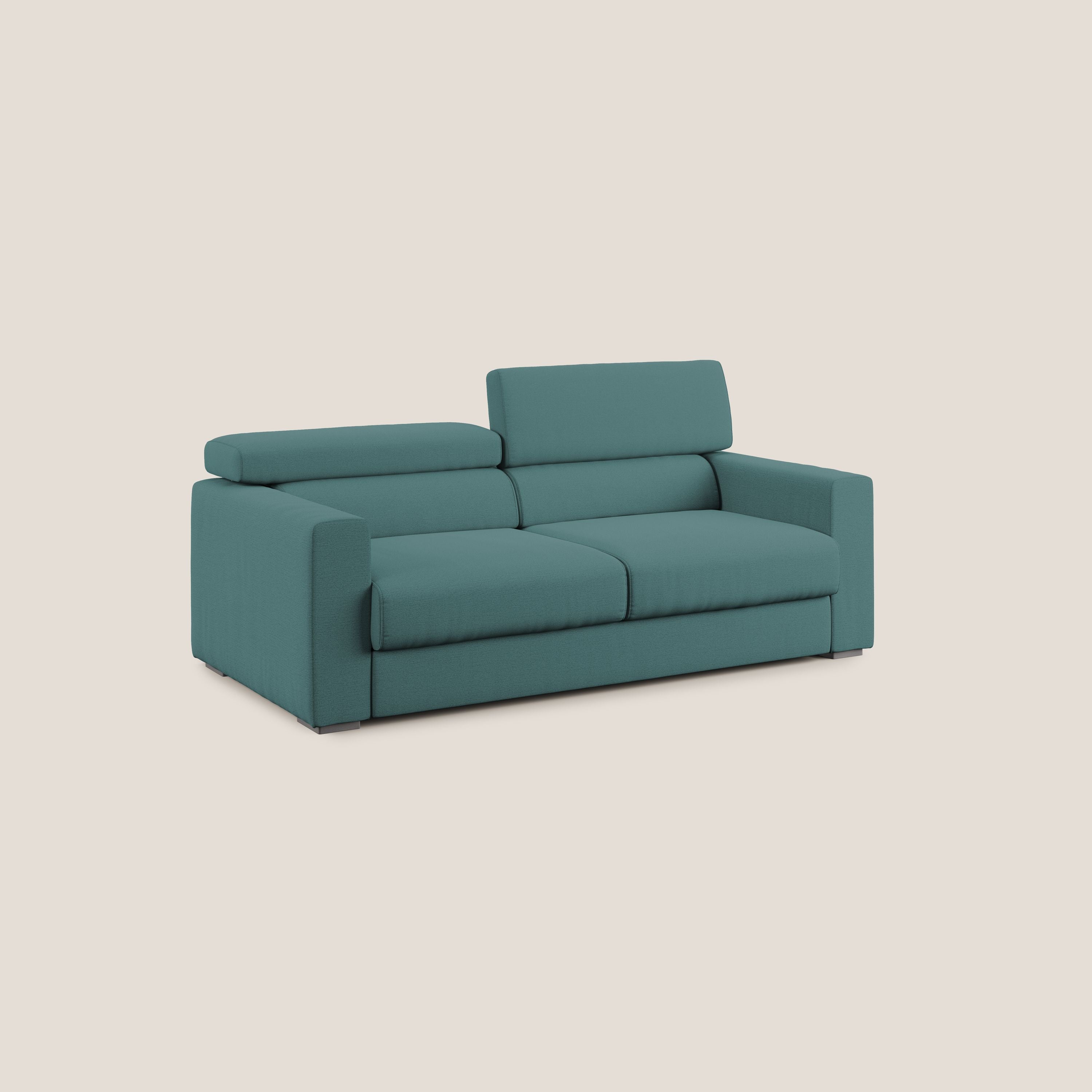 Dylan divano allungabile con pouf estraibile poggiapiedi in tessuto fiammato simil cotone impermeabile T19 petrolio - divani.store