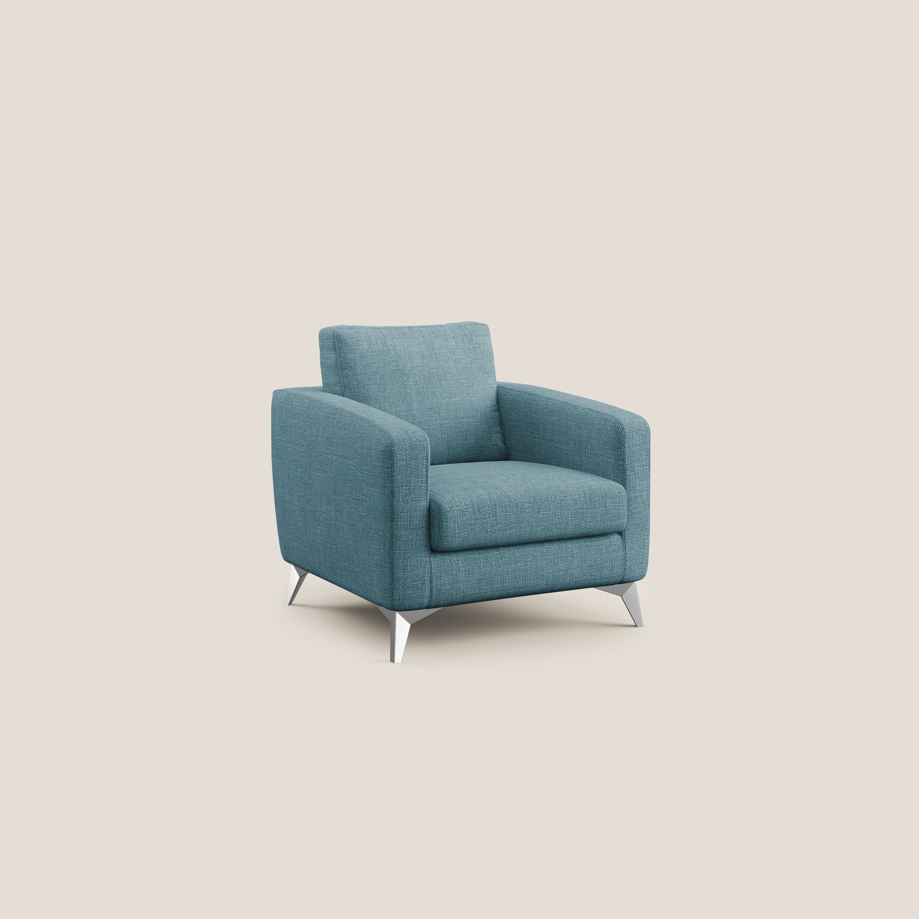 Orione Poltroncina in morbido tessuto impermeabile ad intreccio T06 azzurro - divani.store