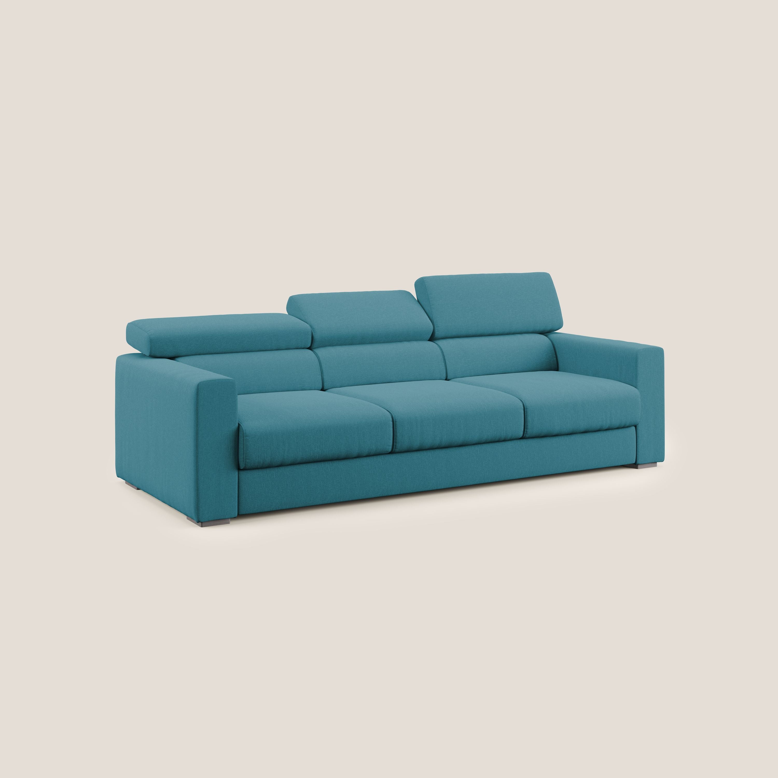 Dylan divano a 3 sedute con pouf estraibile poggiapiedi in tessuto simil cotone impermeabile T13 azzurro - divani.store