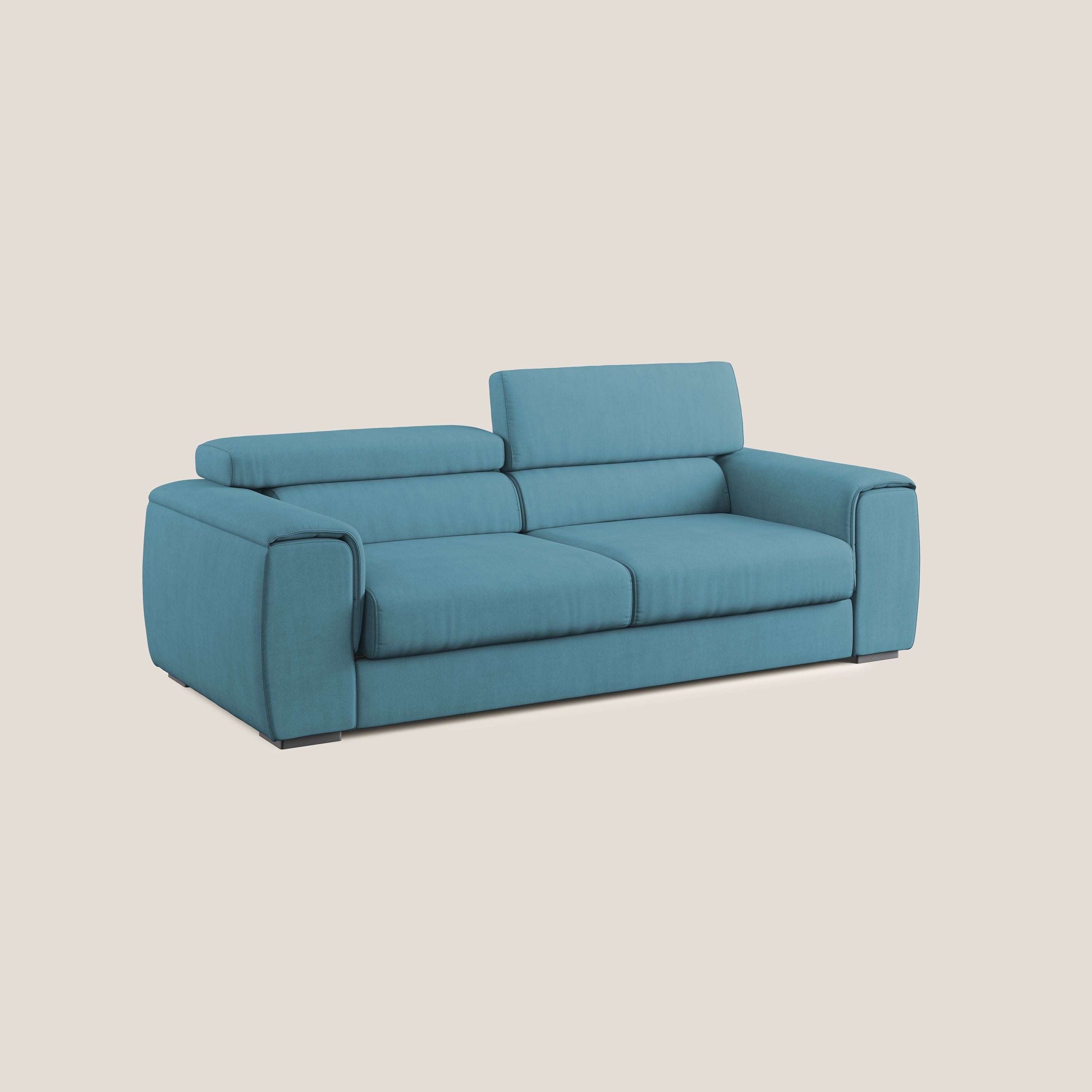 Zeno Divano con pouf estraibile poggiapiedi in tessuto morbido impermeabile T02 azzurro - divani.store