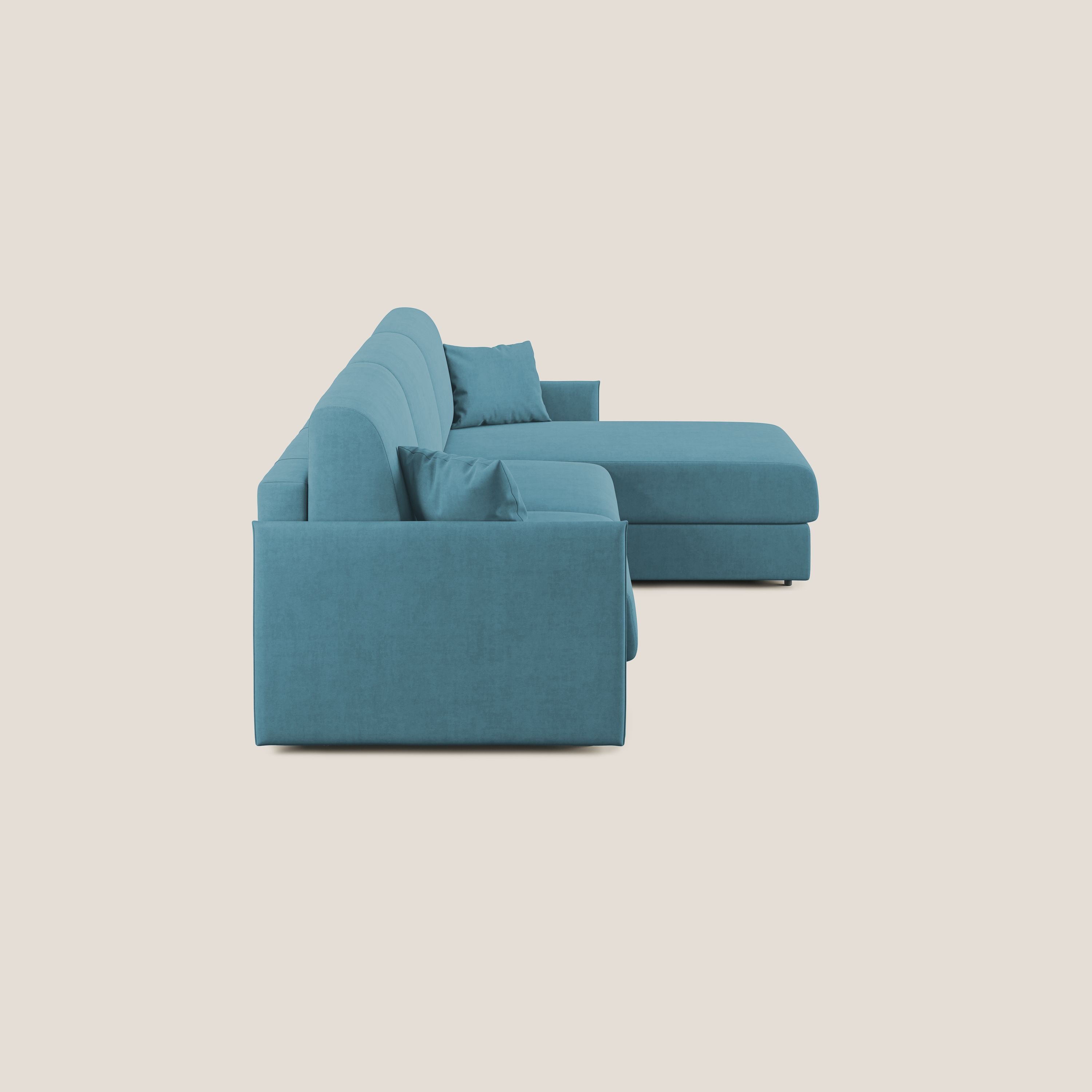 Evans Divano letto angolare con penisola in morbido tessuto impermeabile T02 azzurro - divani.store