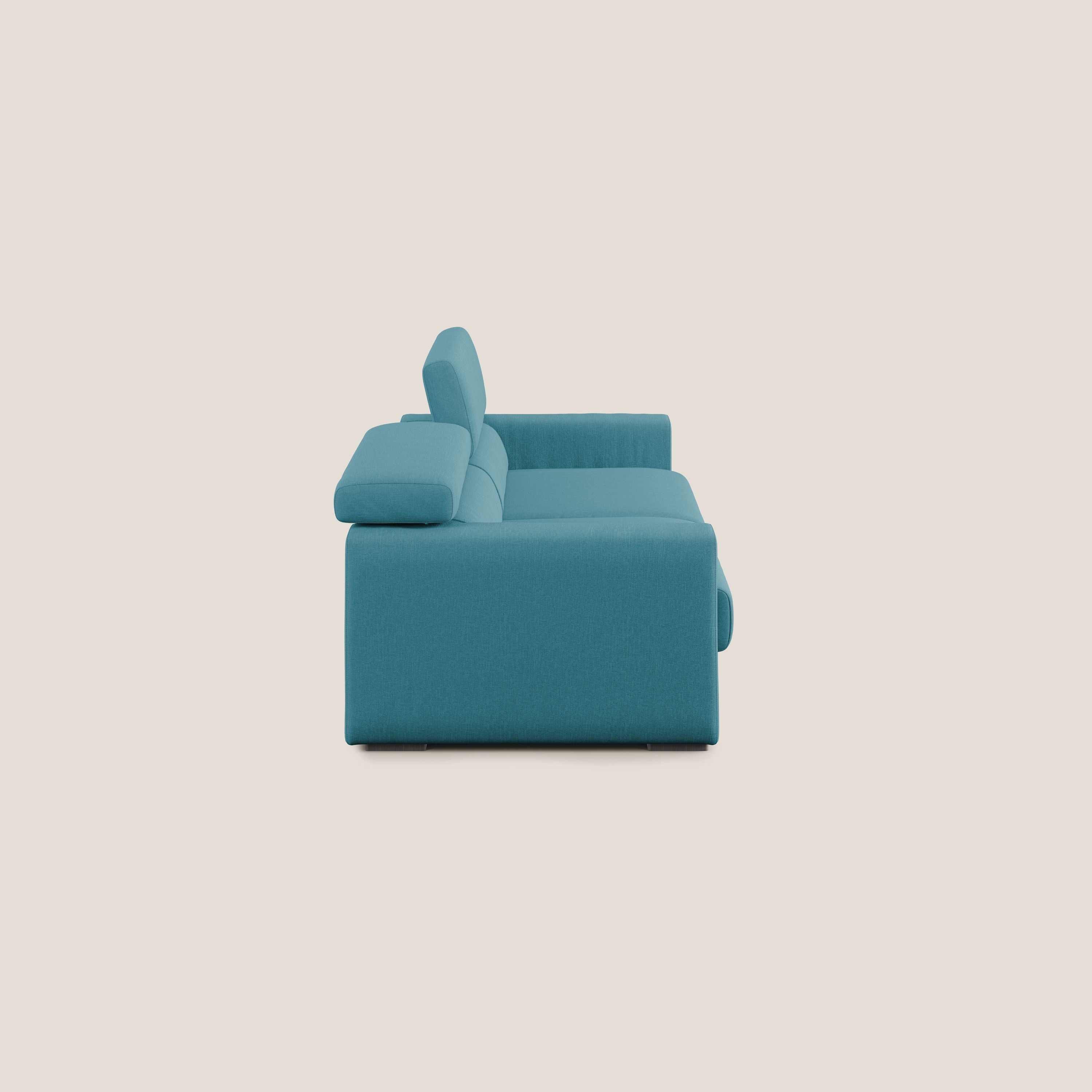 Dylan divano allungabile con pouf estraibile poggiapiedi in tessuto simil cotone impermeabile T13 azzurro - divani.store