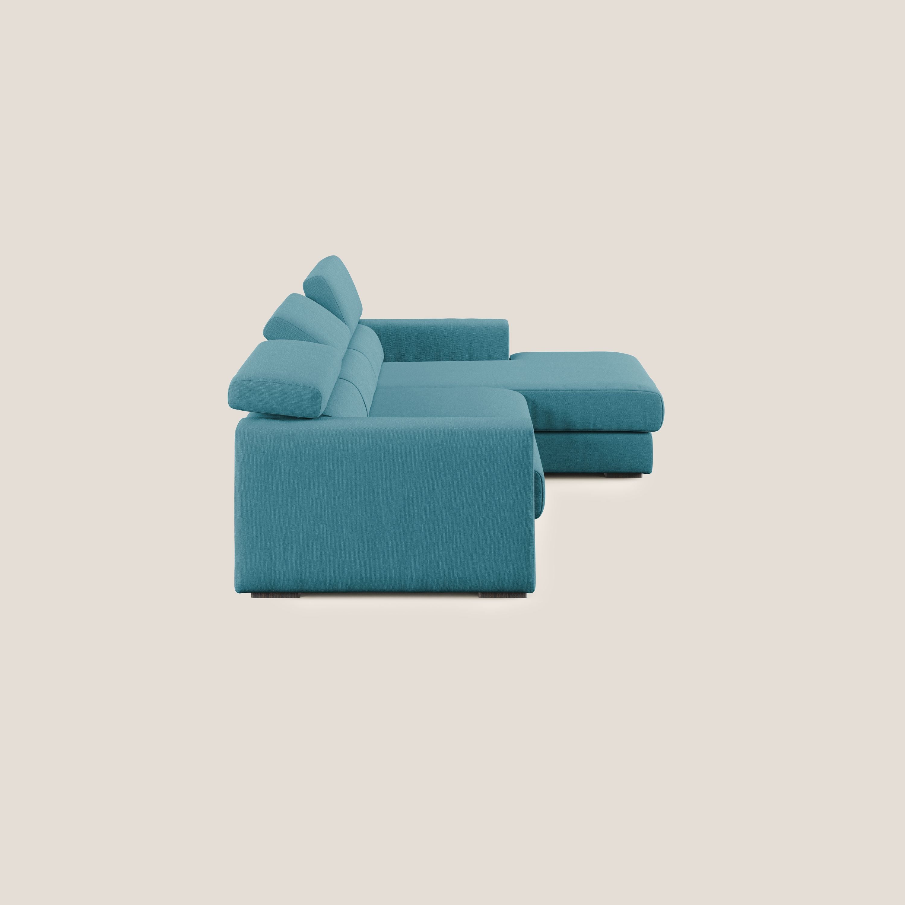 Dylan divano angolare con pouf estraibile poggiapiedi in tessuto simil cotone impermeabile T13 azzurro - divani.store