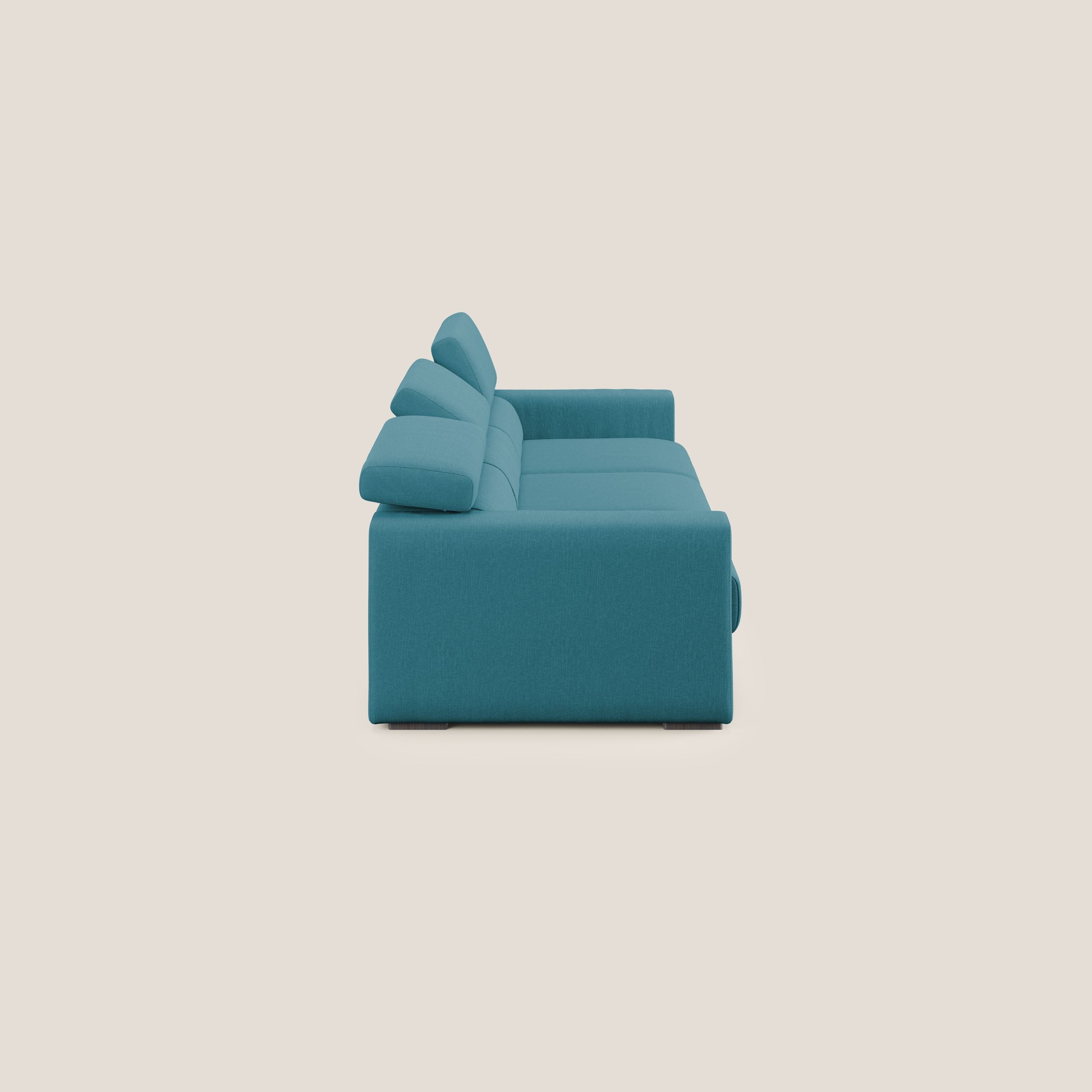 Dylan divano a 3 sedute con pouf estraibile poggiapiedi in tessuto simil cotone impermeabile T13 azzurro - divani.store