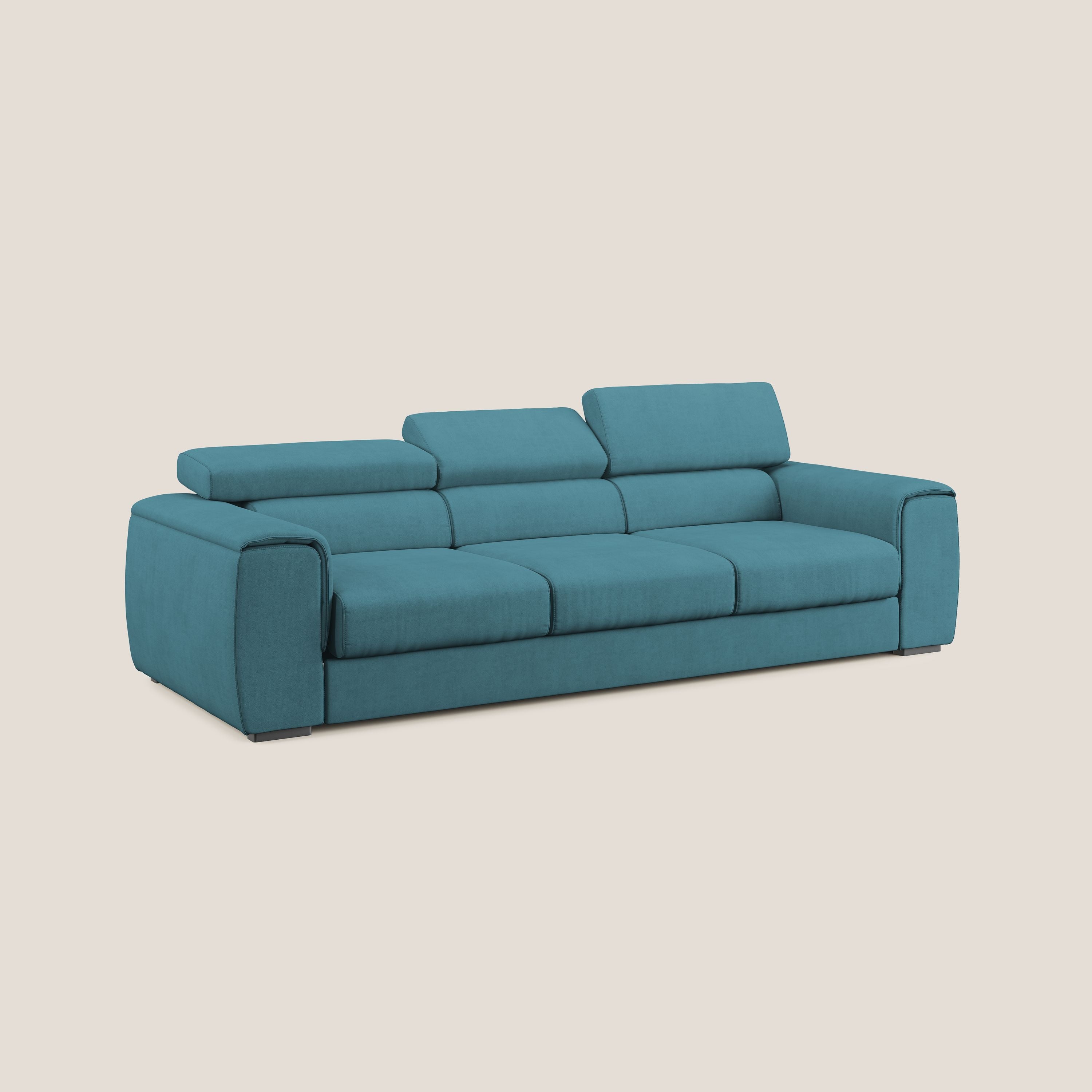 Zeno Divano con pouf estraibile poggiapiedi a 3 sedute in tessuto morbido impermeabile T02 azzurro - divani.store