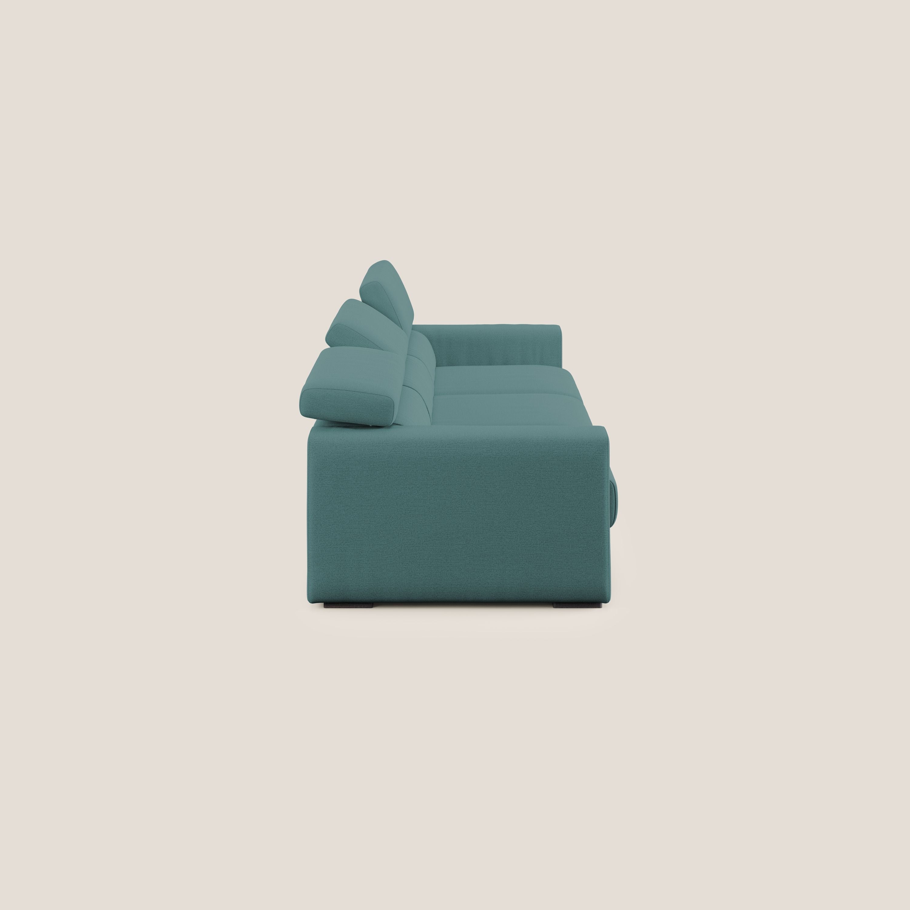 Dylan divano a 3 sedute con pouf estraibile poggiapiedi in tessuto fiammato simil cotone impermeabile T19 petrolio - divani.store