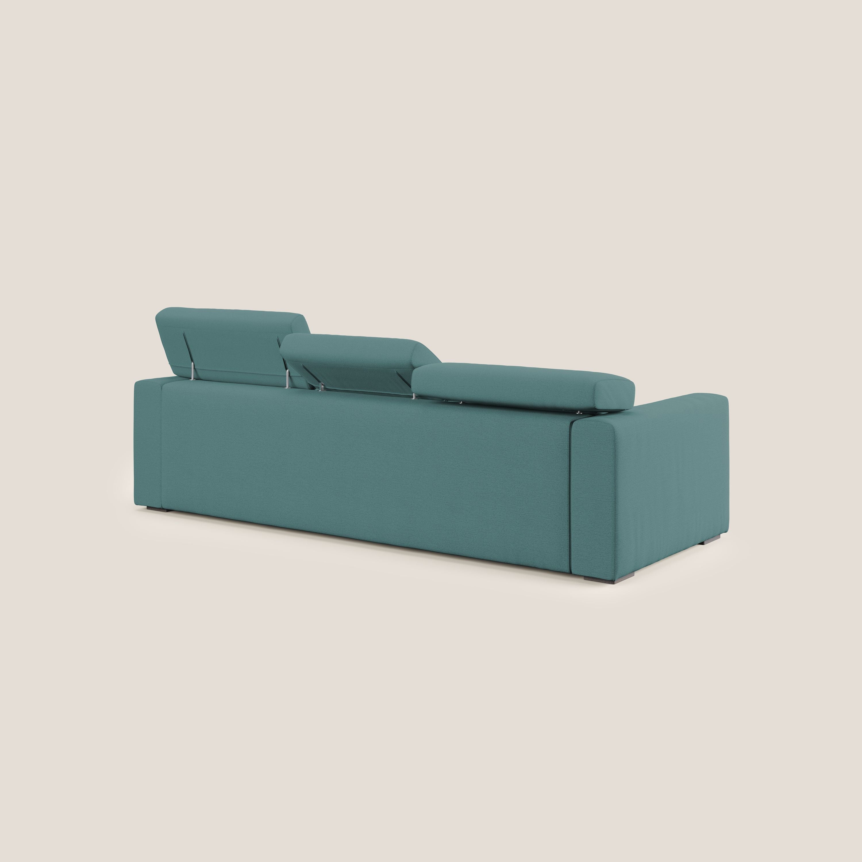 Dylan divano a 3 sedute con pouf estraibile poggiapiedi in tessuto fiammato simil cotone impermeabile T19 petrolio - divani.store