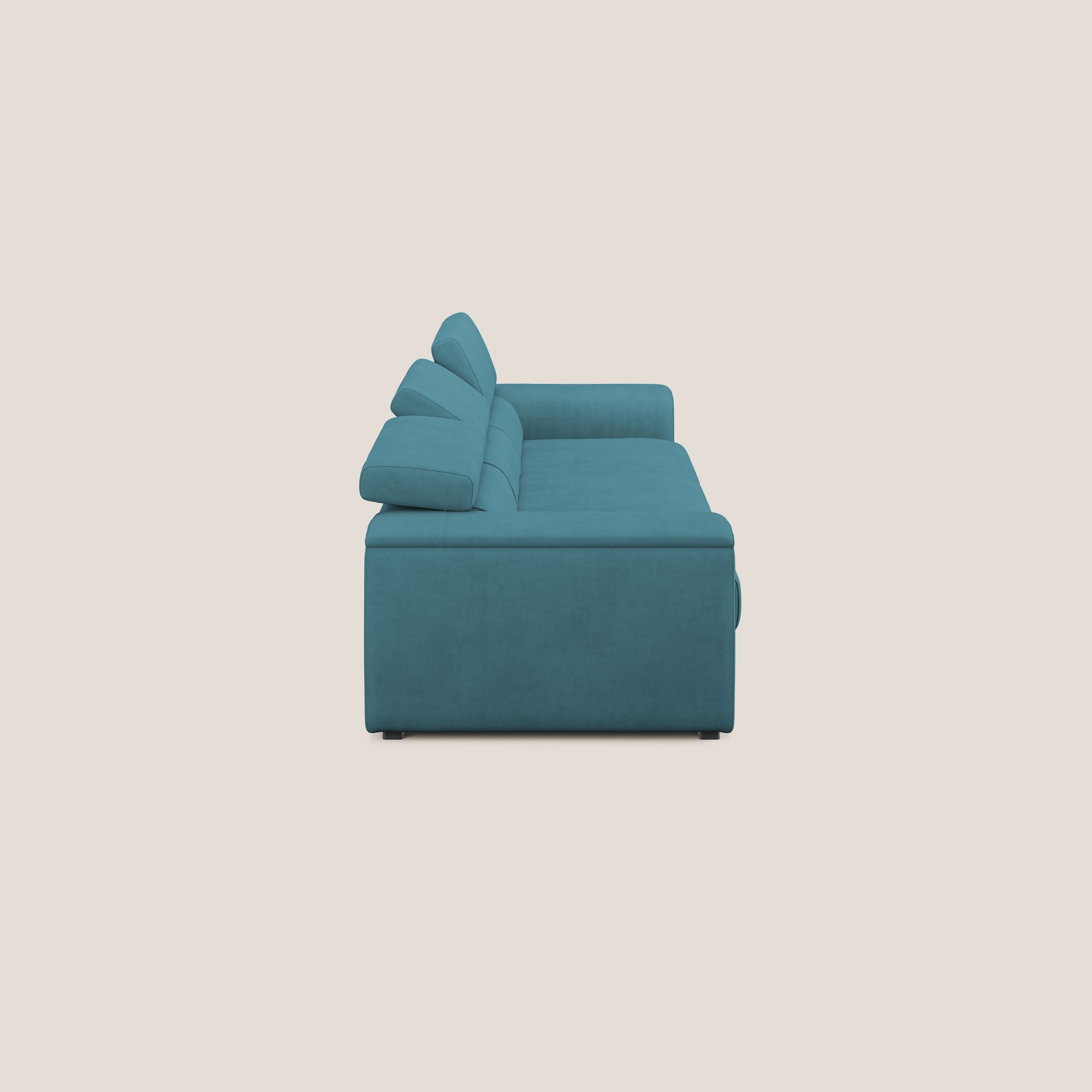 Zeno Divano con pouf estraibile poggiapiedi a 3 sedute in tessuto morbido impermeabile T02 azzurro - divani.store