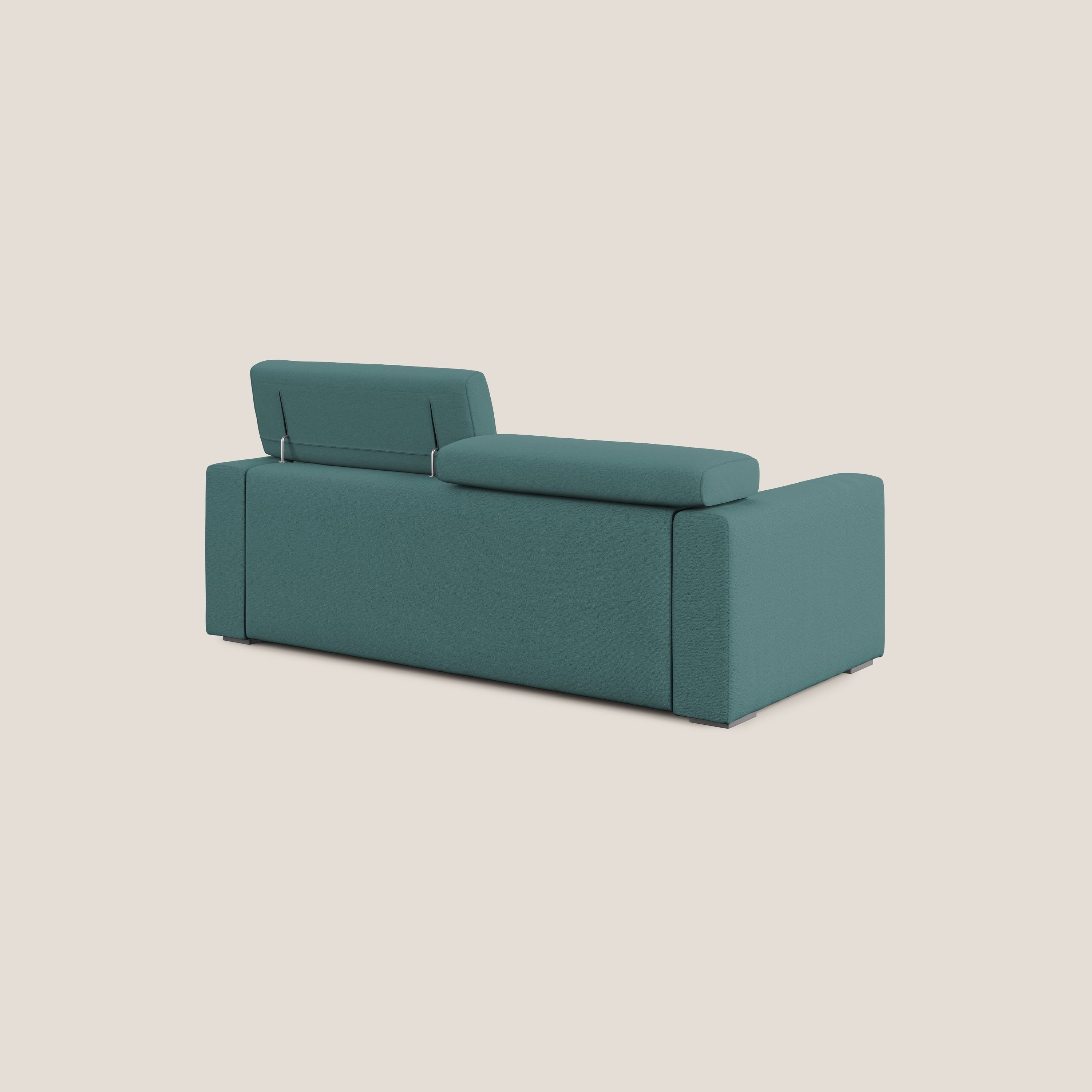 Dylan divano allungabile con pouf estraibile poggiapiedi in tessuto fiammato simil cotone impermeabile T19 petrolio - divani.store