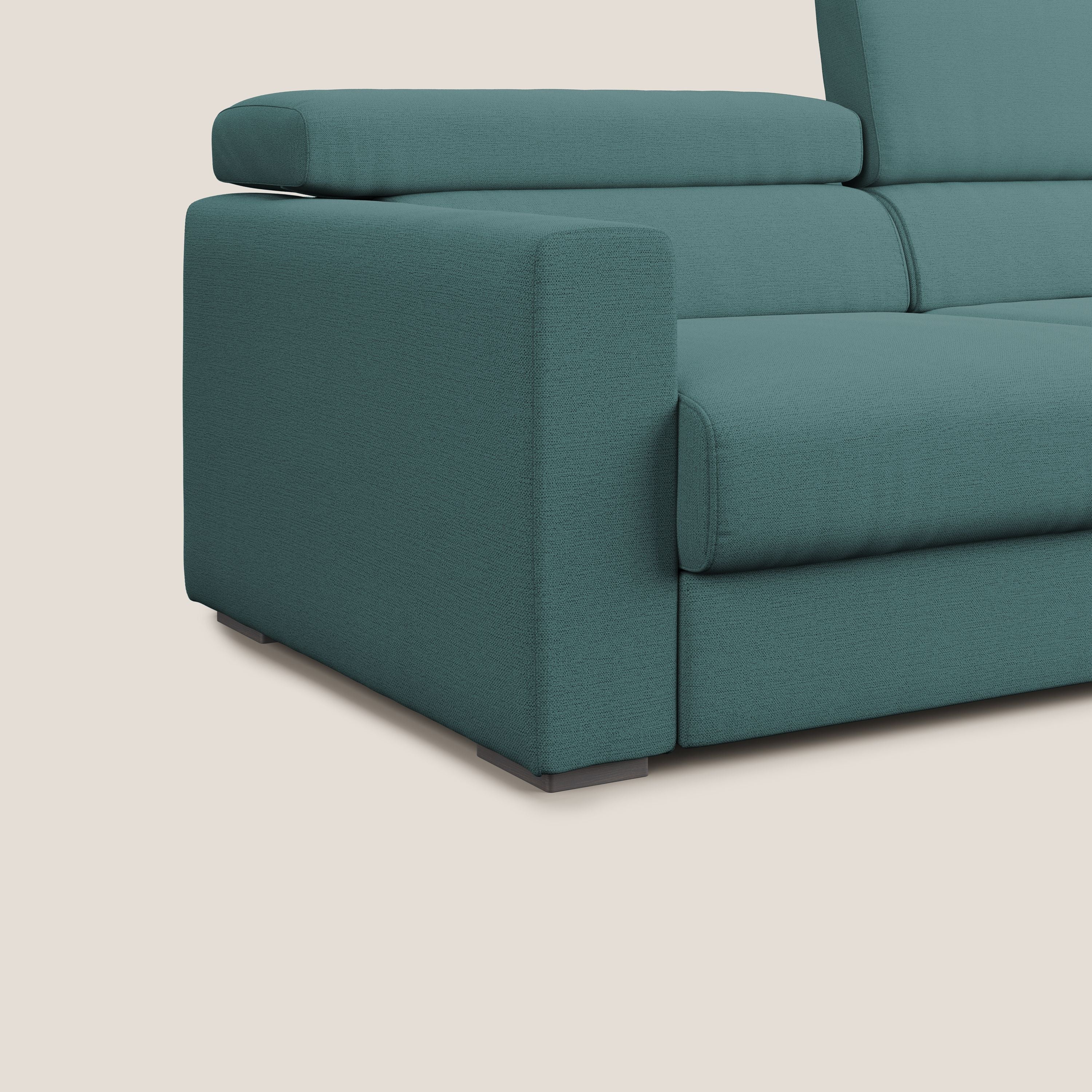 Dylan divano allungabile con pouf estraibile poggiapiedi in tessuto fiammato simil cotone impermeabile T19 petrolio - divani.store