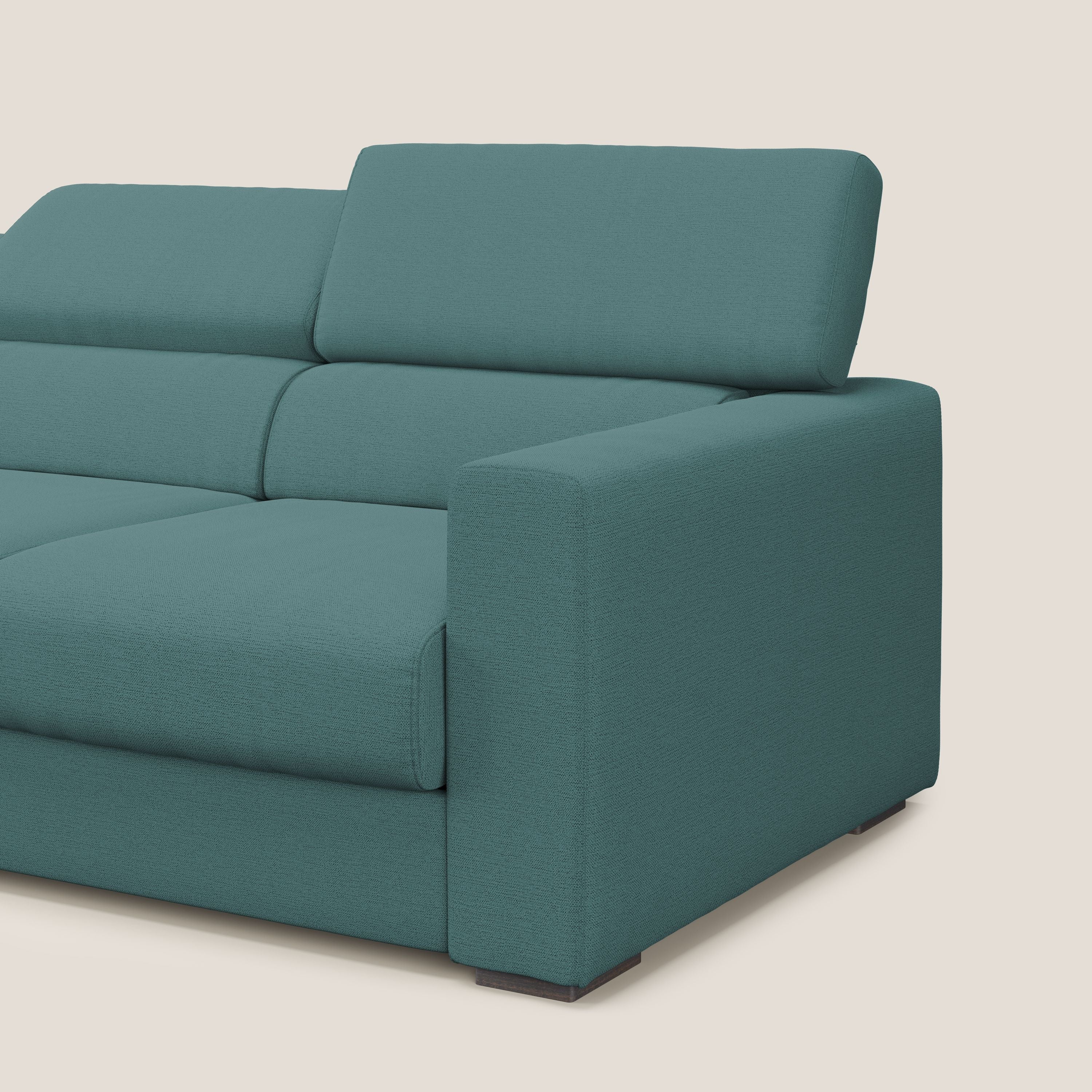 Dylan divano a 3 sedute con pouf estraibile poggiapiedi in tessuto fiammato simil cotone impermeabile T19 petrolio - divani.store