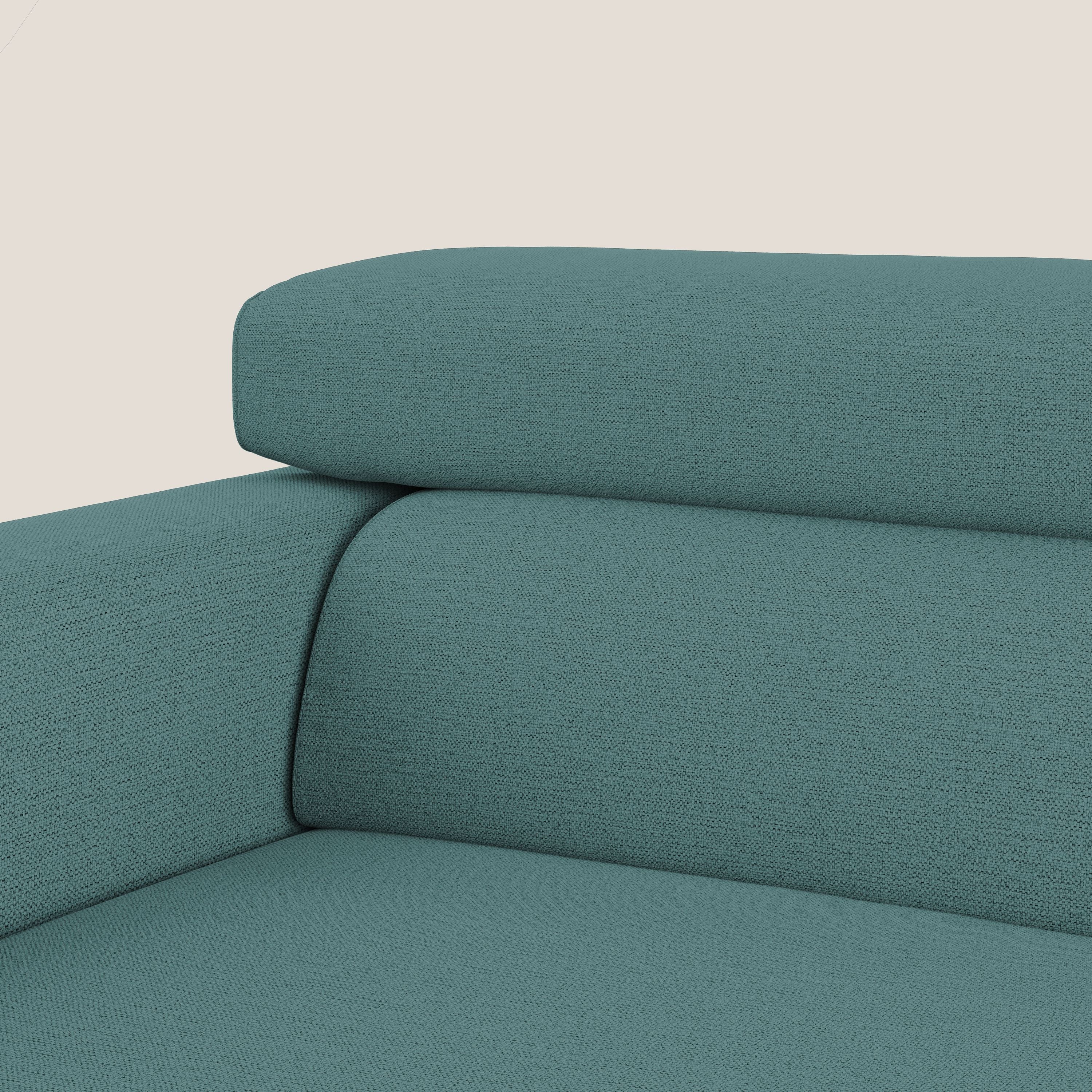 Dylan divano allungabile con pouf estraibile poggiapiedi in tessuto fiammato simil cotone impermeabile T19 petrolio - divani.store