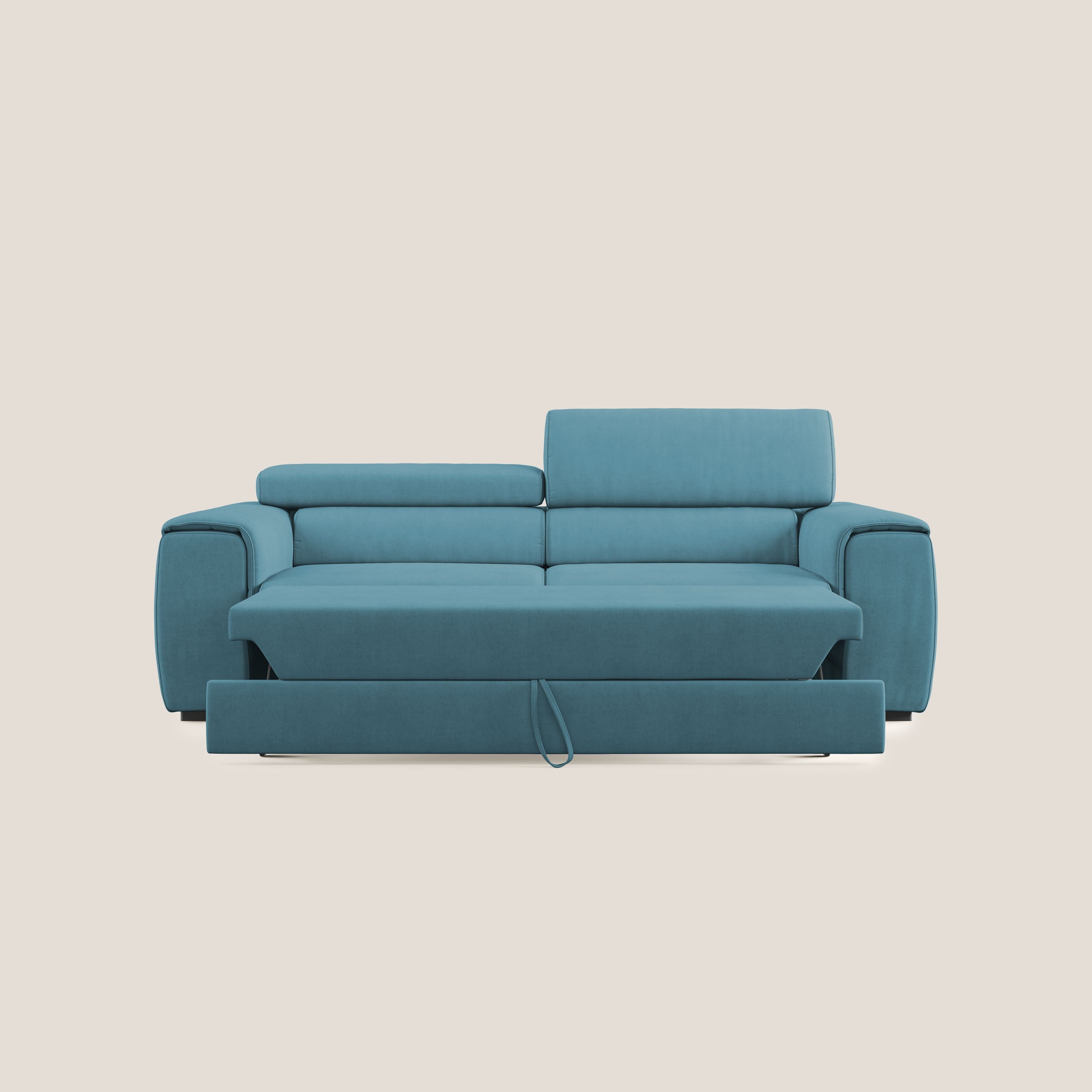 Zeno Divano con pouf estraibile poggiapiedi in tessuto morbido impermeabile T02 azzurro - divani.store
