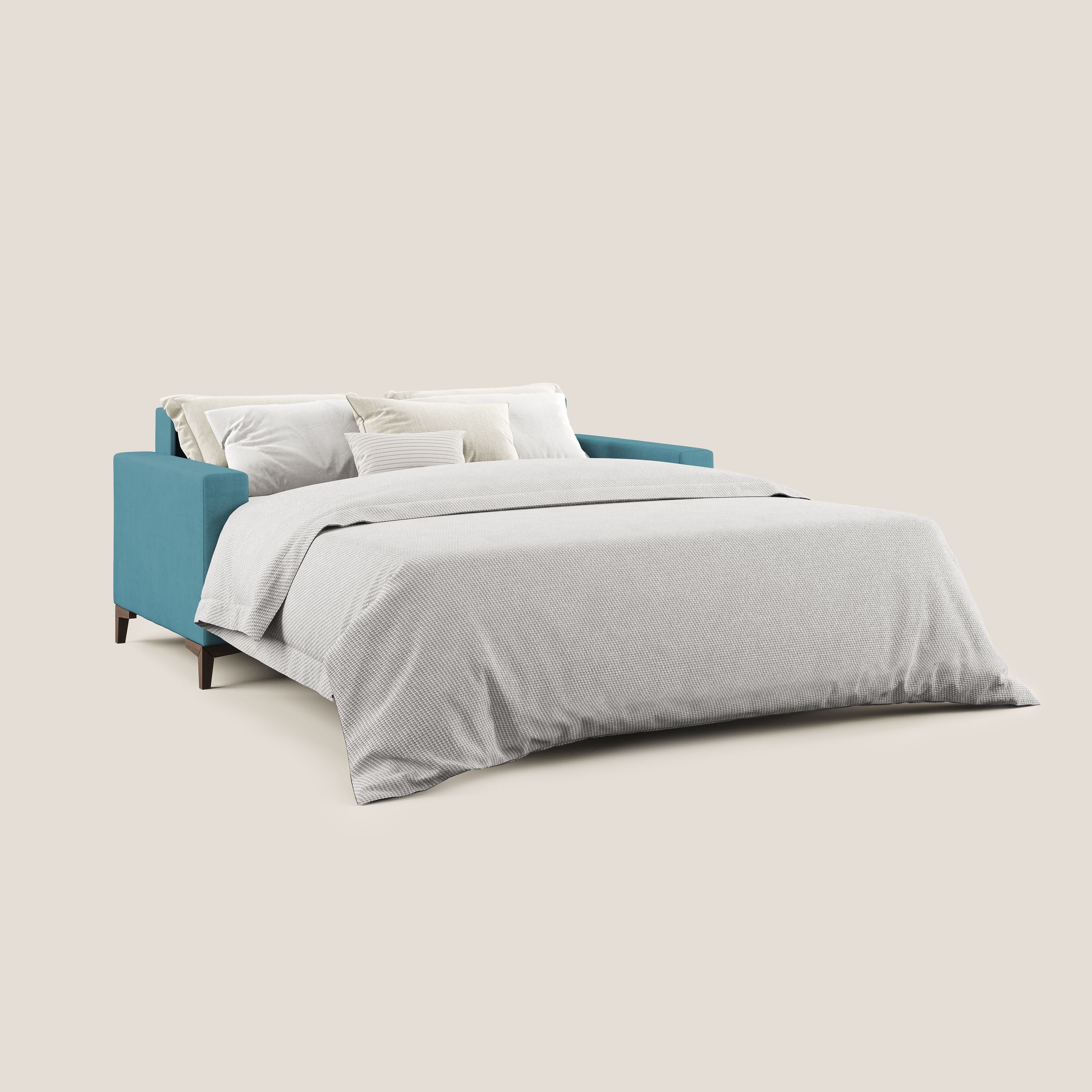 Kafka divano letto matrimoniale in morbido tessuto impermeabile T02 azzurro - divani.store
