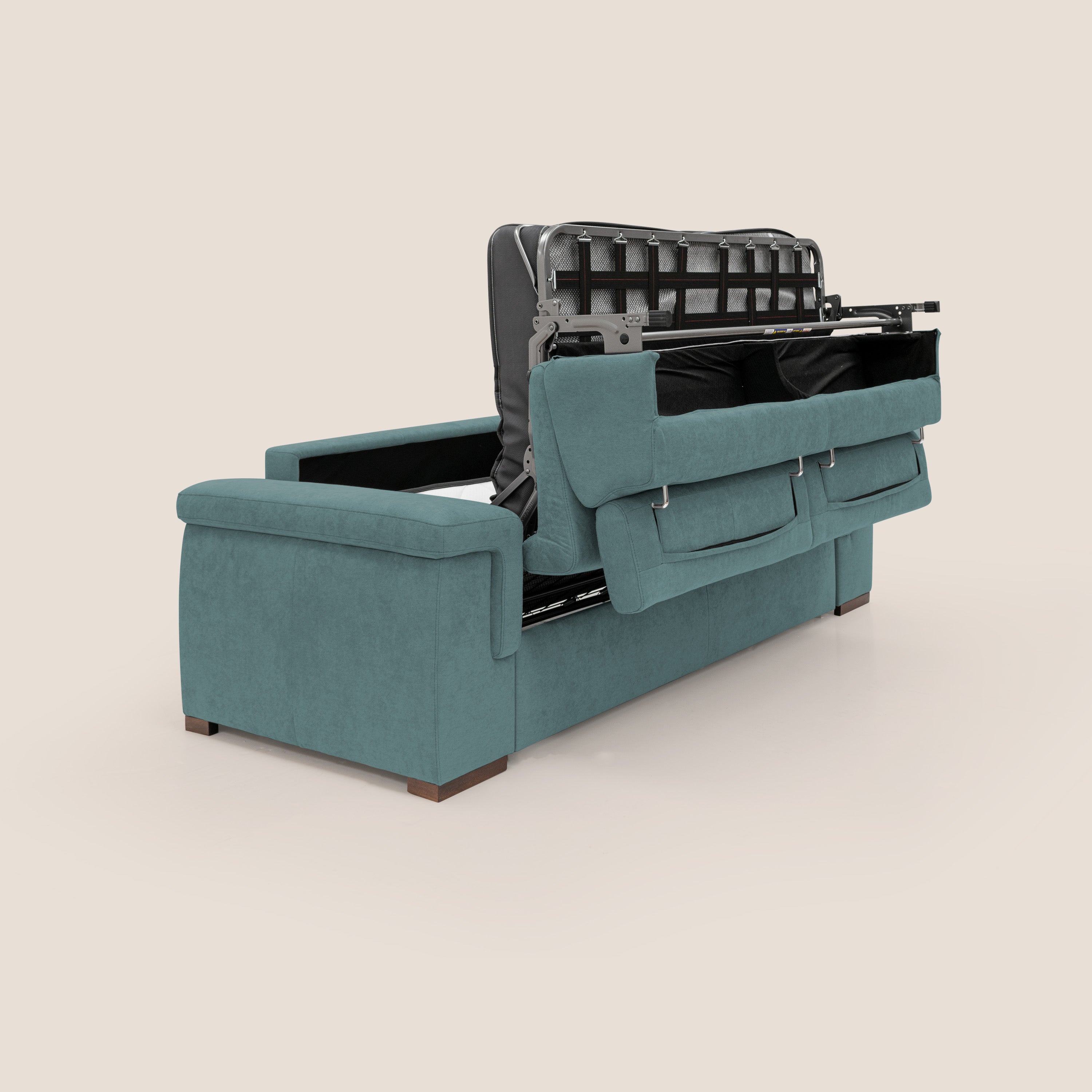Giunone divano letto con materasso alto 18 cm e poggiatesta reclinabili in tessuto impermeabile T02 petrolio - divani.store