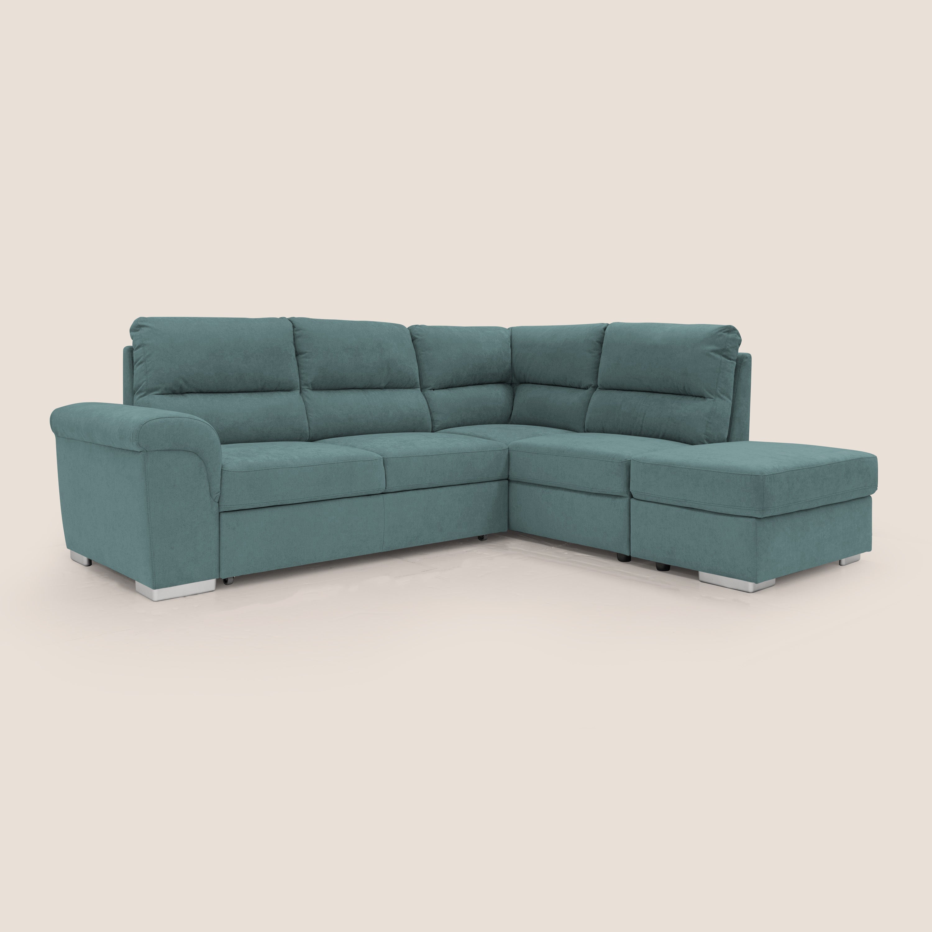 Minerva divano angolare con estraibile a cassettone e pouf contenitore in tessuto morbido impermeabile T02 petrolio - divani.store