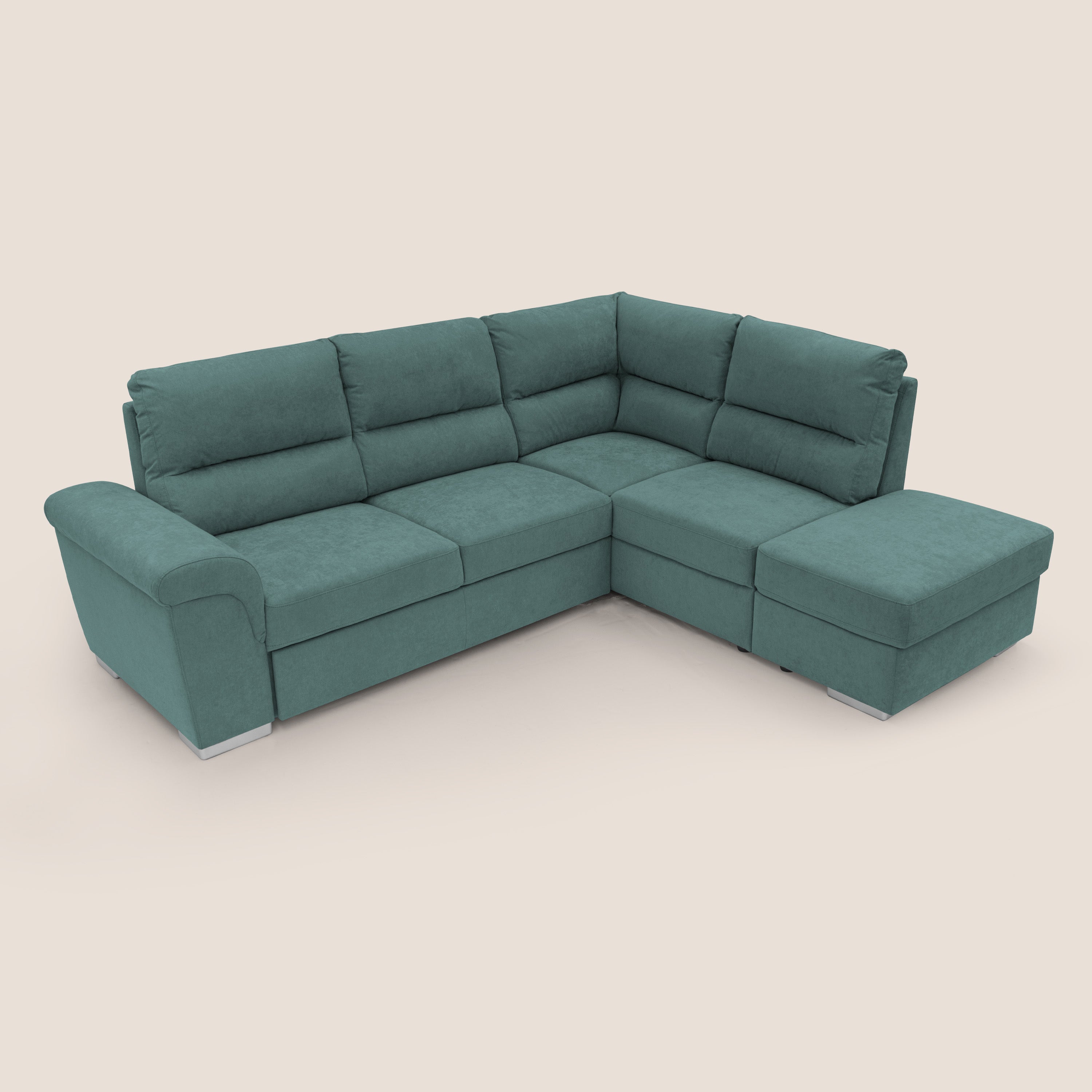 Minerva divano angolare con estraibile a cassettone e pouf contenitore in tessuto morbido impermeabile T02 petrolio - divani.store