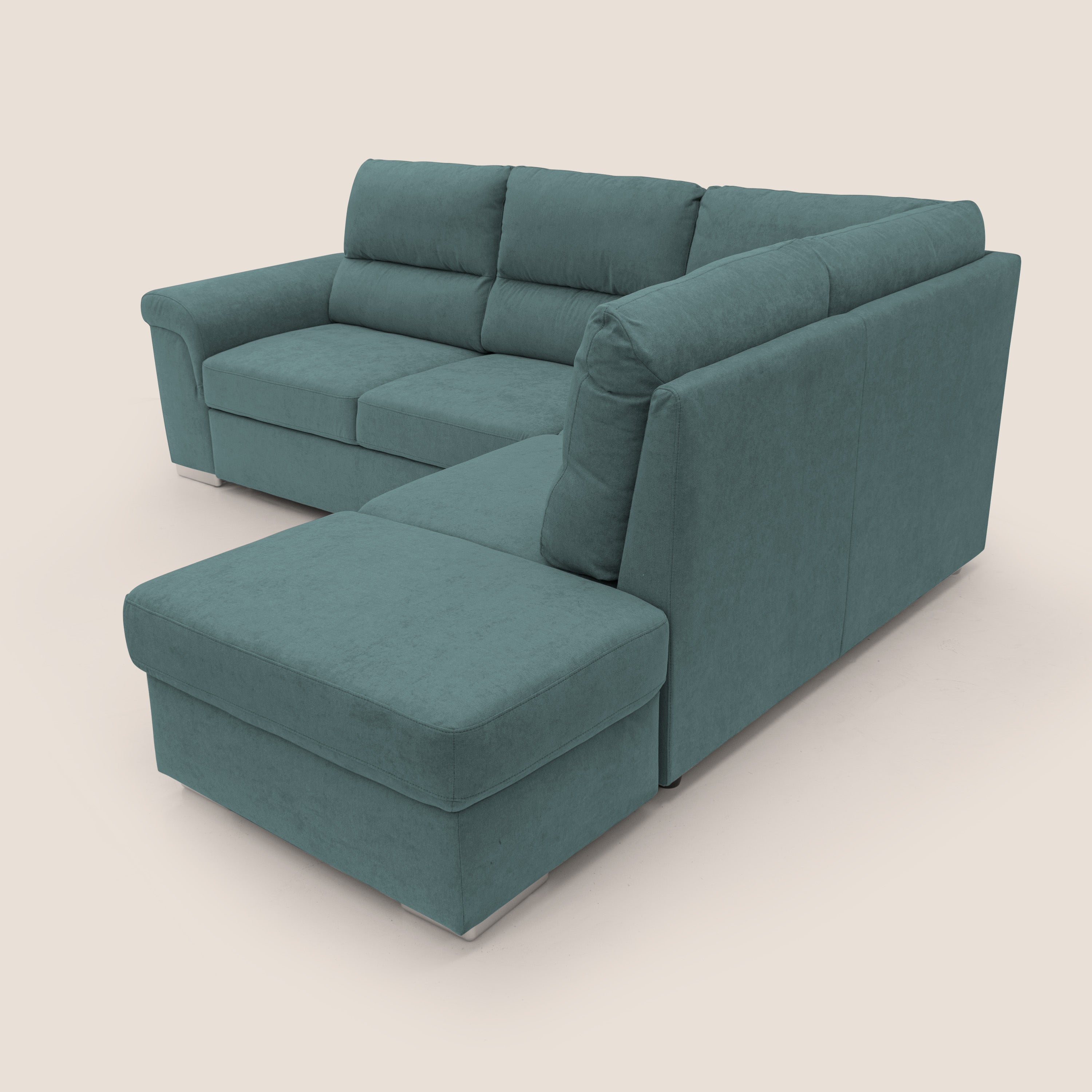 Minerva divano angolare con estraibile a cassettone e pouf contenitore in tessuto morbido impermeabile T02 petrolio - divani.store
