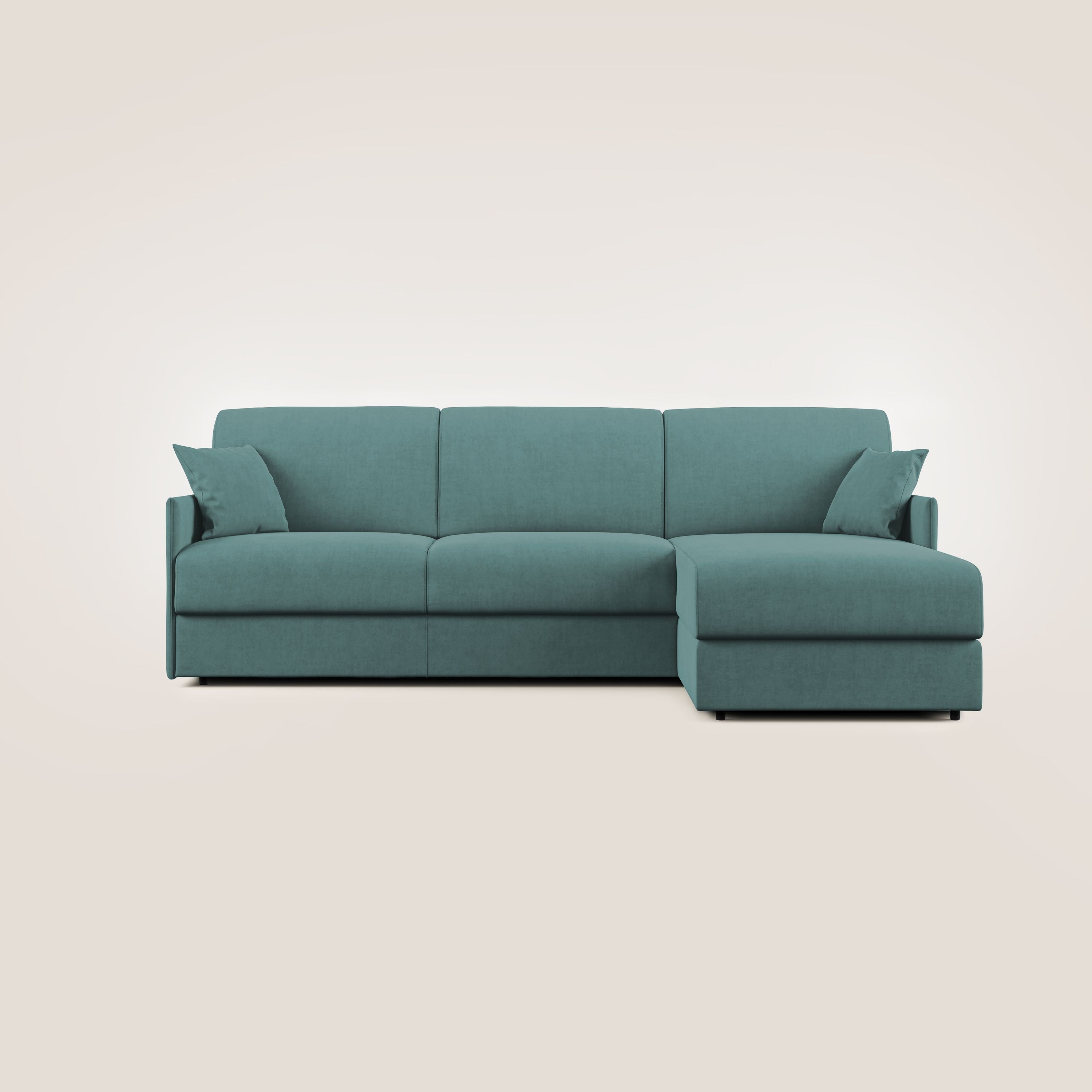 Evans Divano letto angolare con penisola in morbido tessuto impermeabile T02 petrolio - divani.store