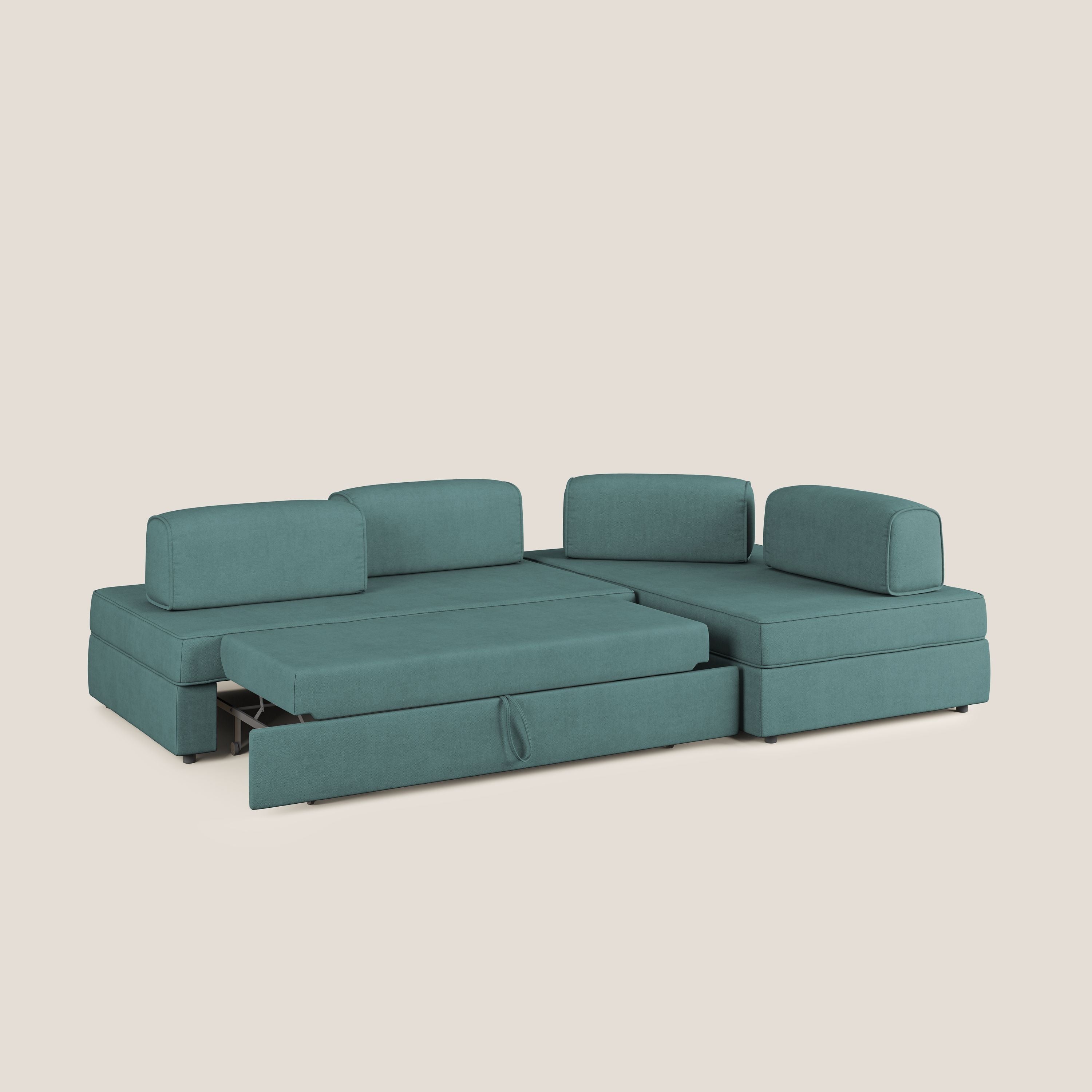 Liberty divano angolare con pouf estraibile e schienali movibili in tessuto morbido impermeabile T02 petrolio - divani.store