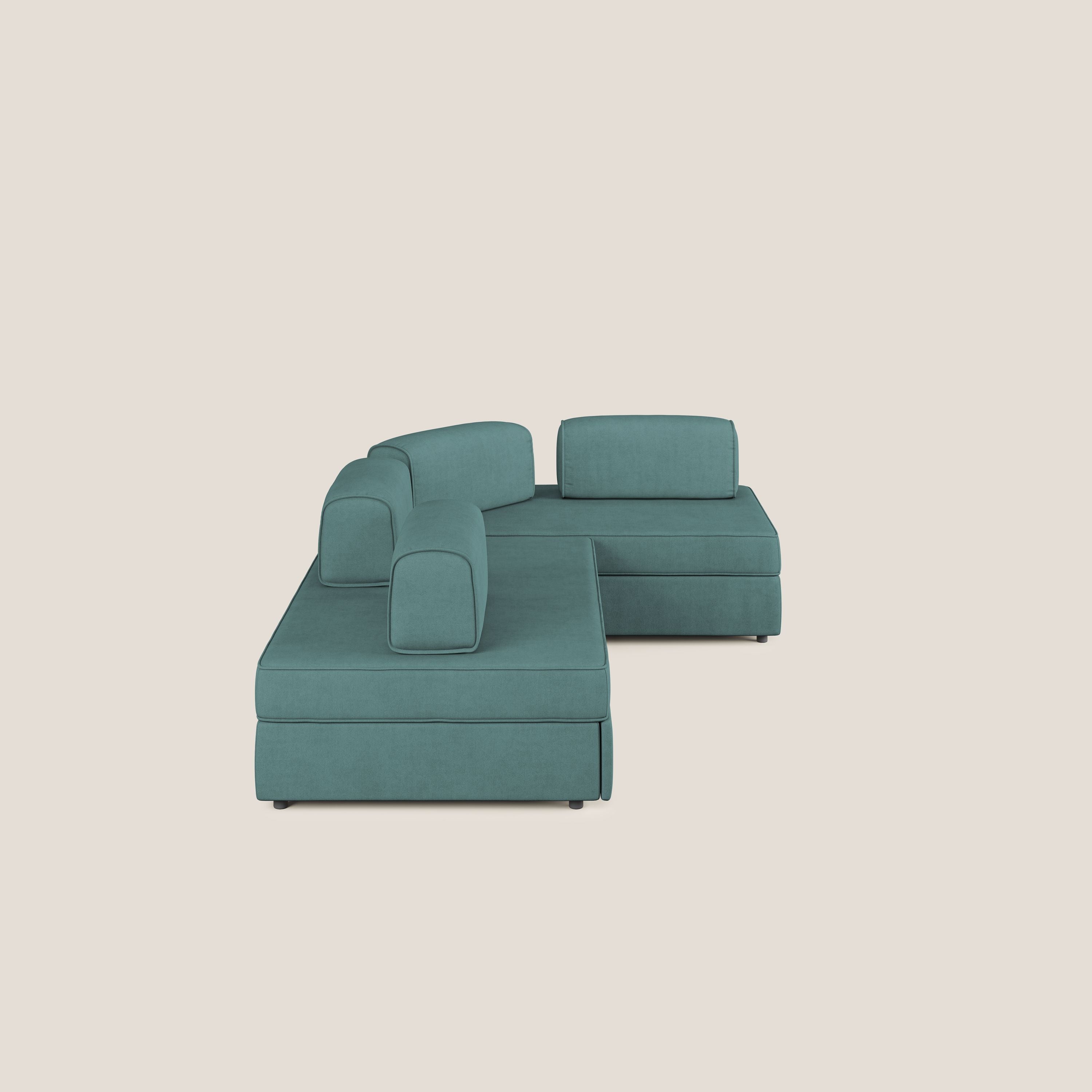 Liberty divano angolare con pouf estraibile e schienali movibili in tessuto morbido impermeabile T02 petrolio - divani.store