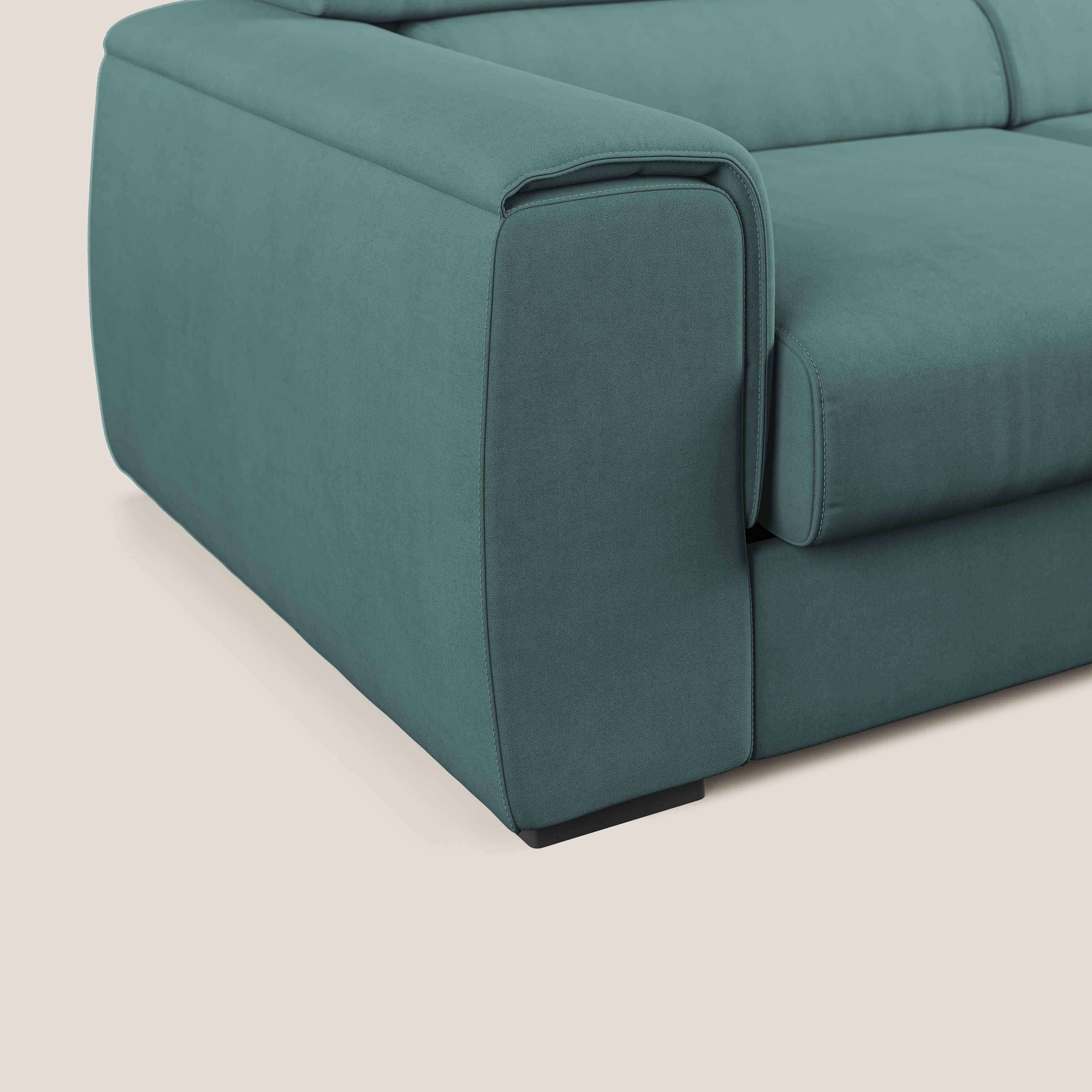 Zeno Divano con pouf estraibile poggiapiedi in tessuto morbido impermeabile T02 petrolio - divani.store