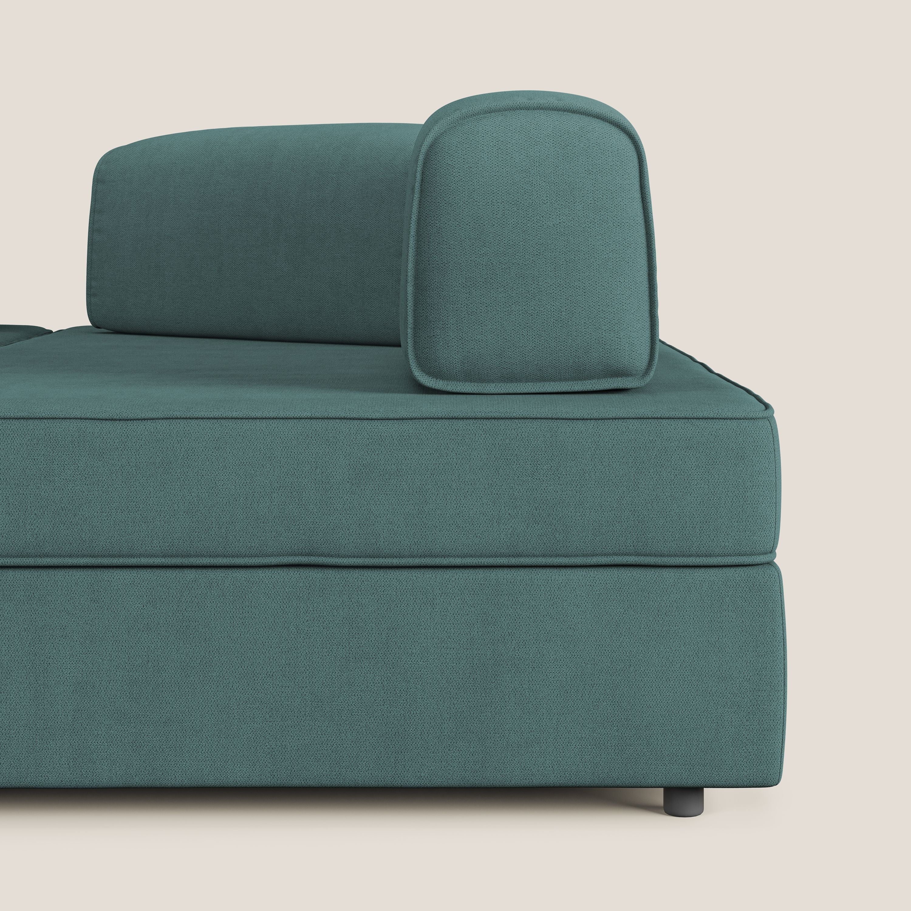Liberty divano angolare con pouf estraibile e schienali movibili in tessuto morbido impermeabile T02 petrolio - divani.store