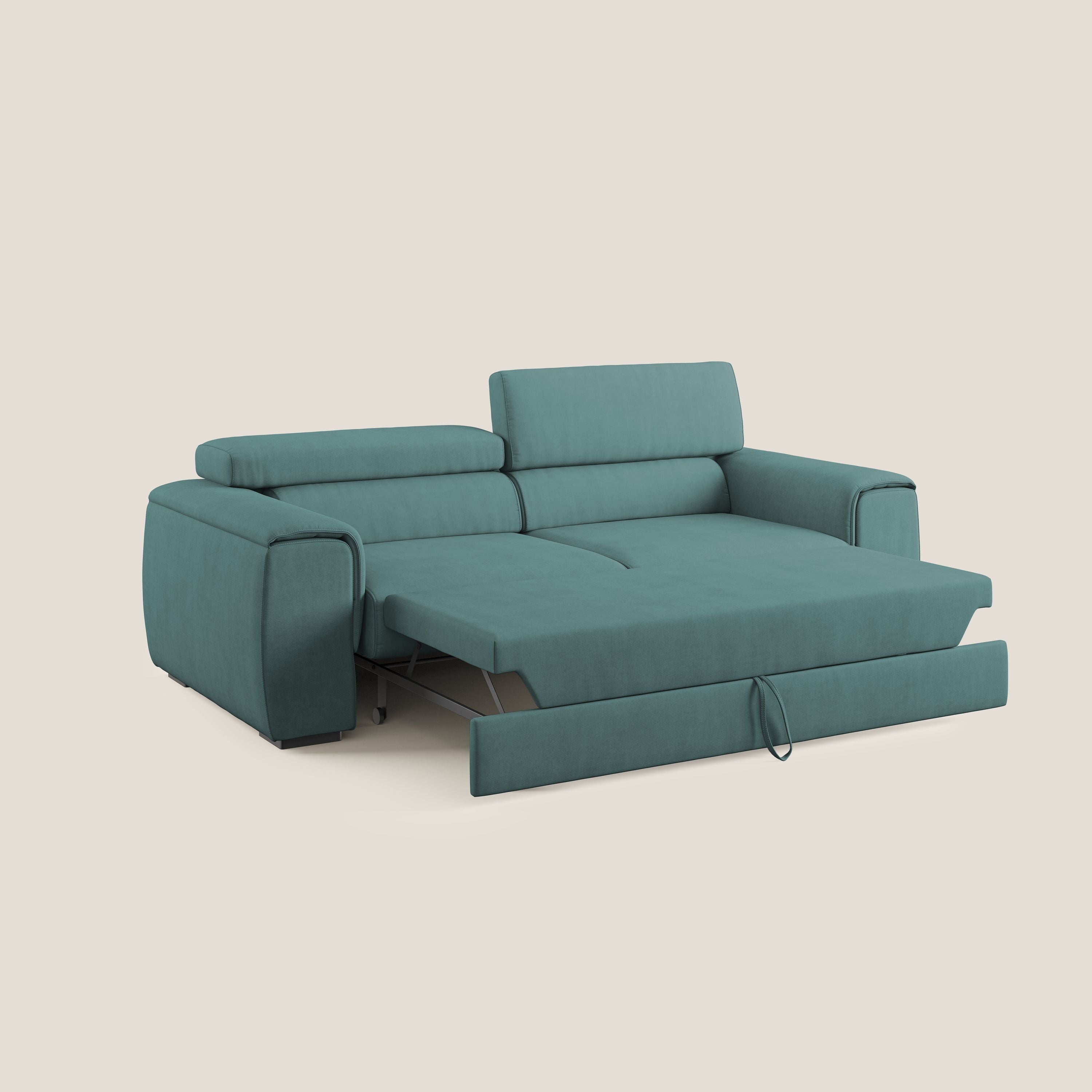 Zeno Divano con pouf estraibile poggiapiedi in tessuto morbido impermeabile T02 petrolio - divani.store