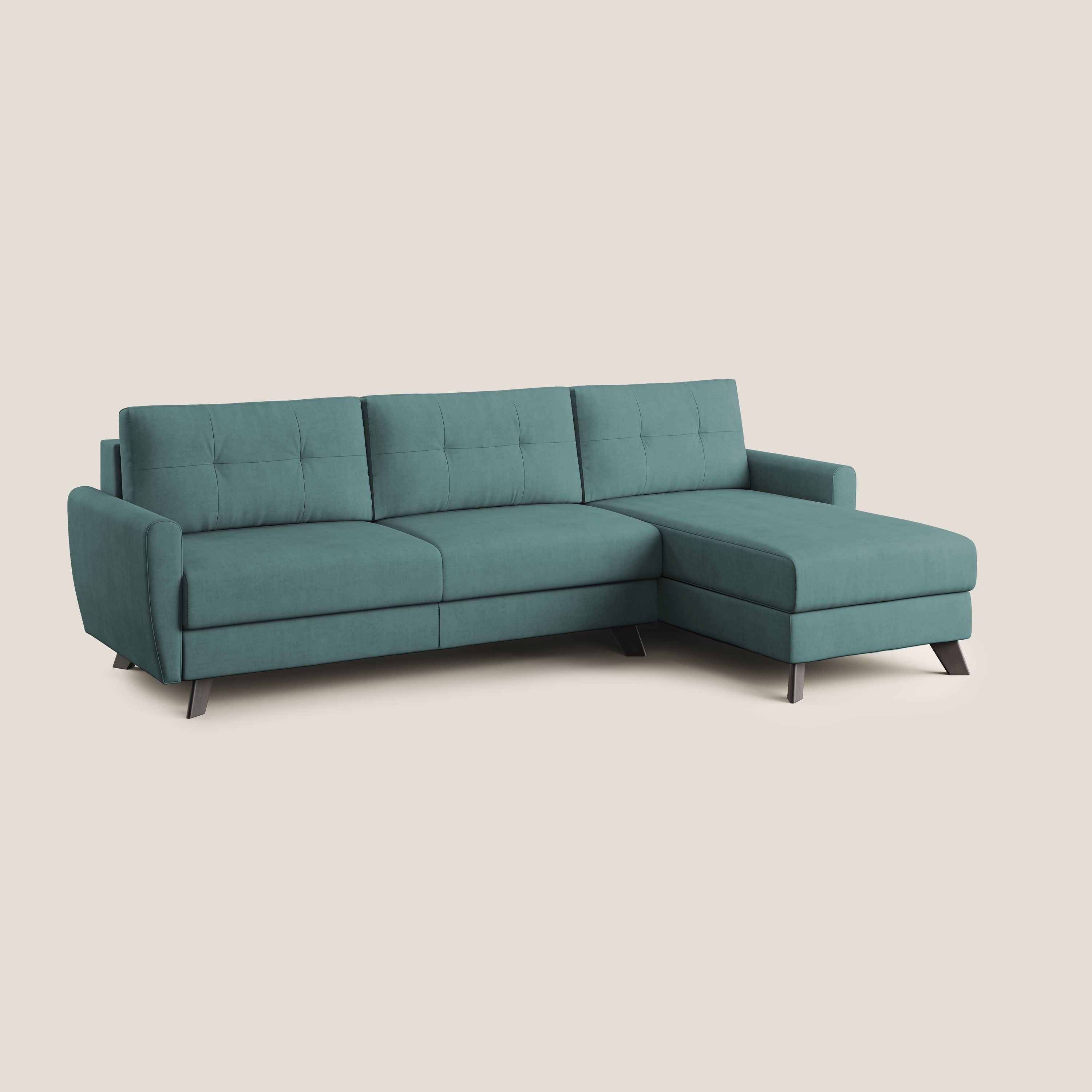 Callisto Divano letto angolare con penisola in tessuto morbido impermeabile T02 petrolio - divani.store