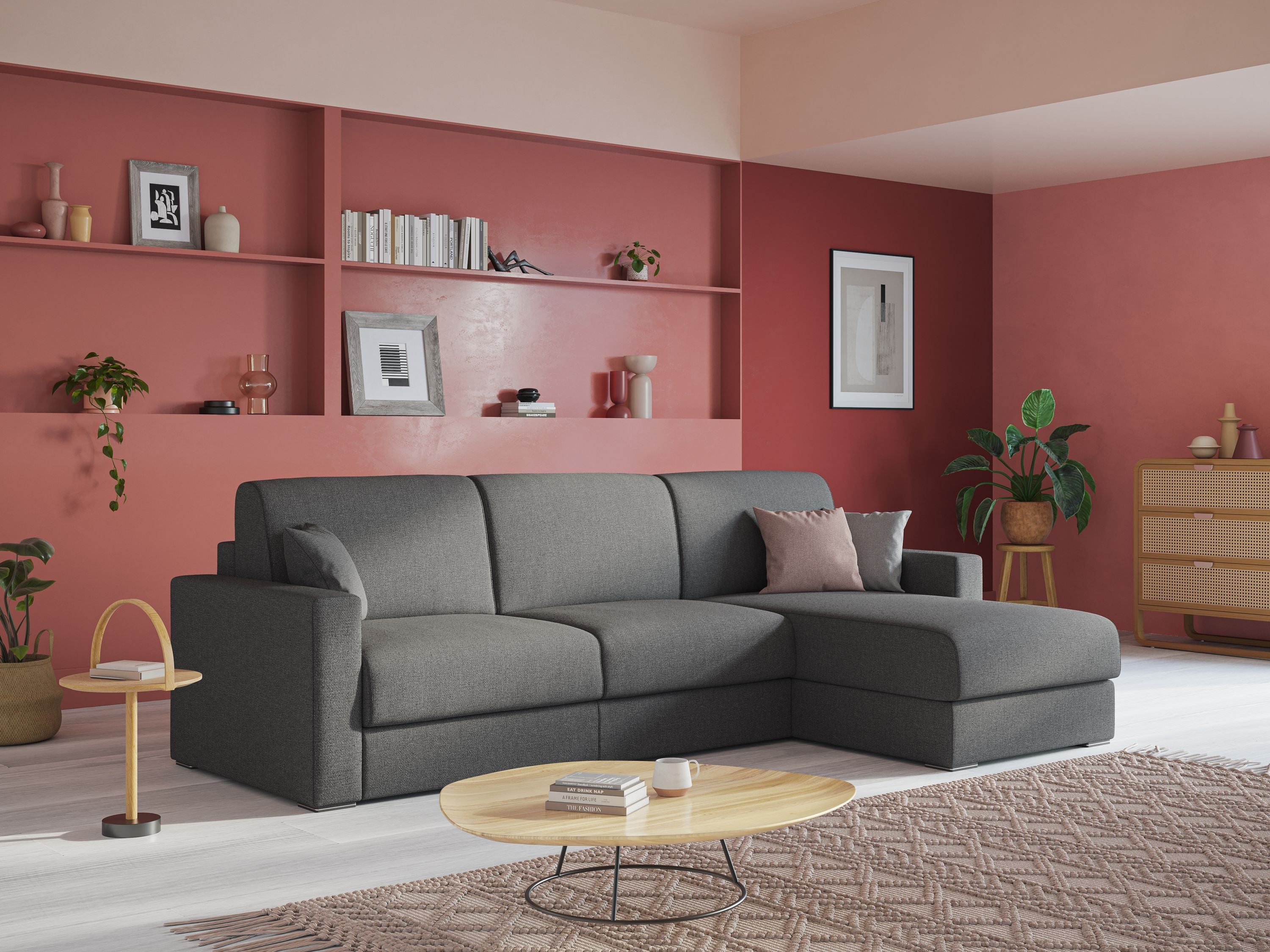 Best Divano letto angolare con penisola in tessuto smacchiabile QuickClean T08 rosso - divani.store