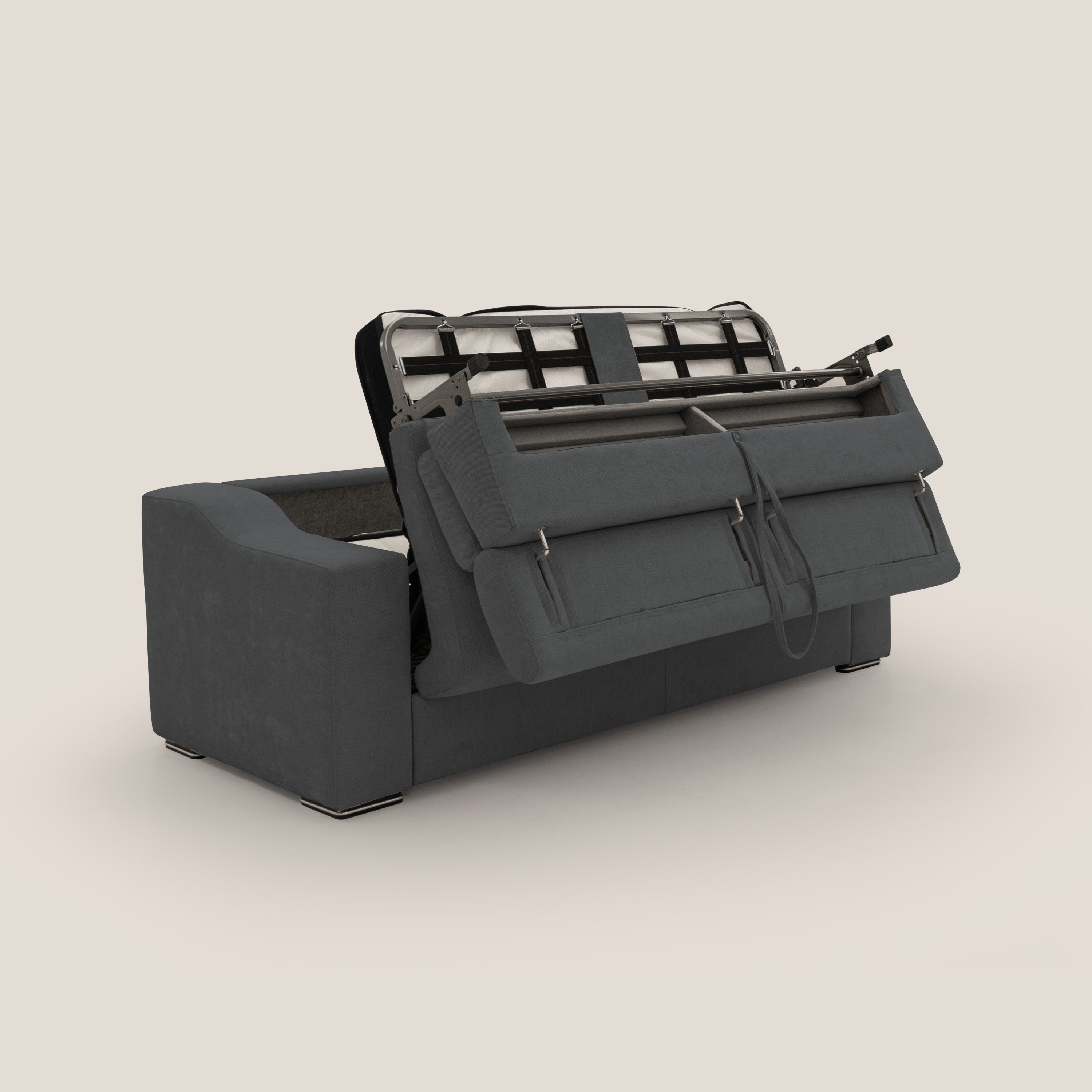 Bomber divano letto matrimoniale con poggiatesta in tessuto impermeabile T14 antracite - divani.store