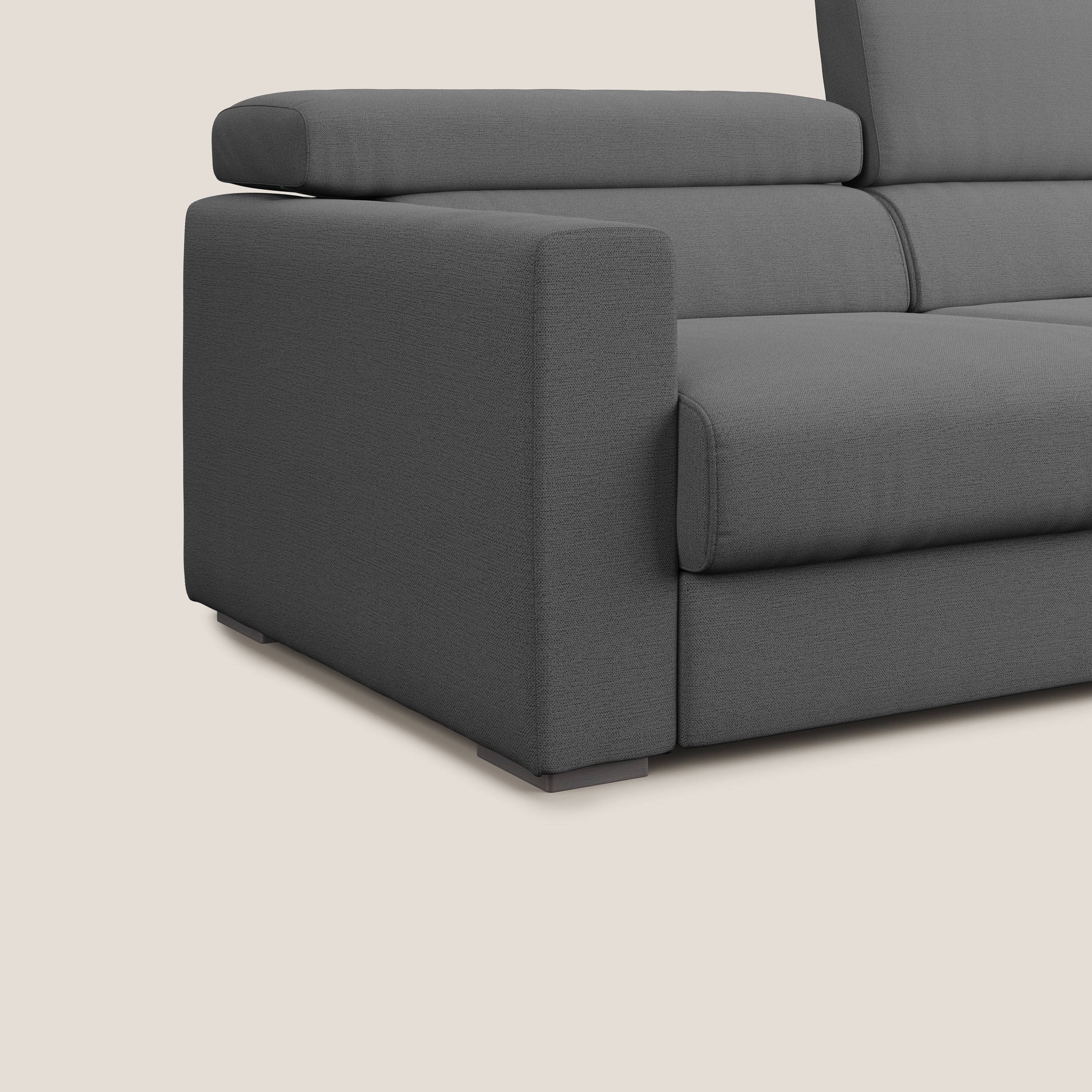 Dylan divano allungabile con pouf estraibile poggiapiedi in tessuto fiammato simil cotone impermeabile T19 antracite - divani.store