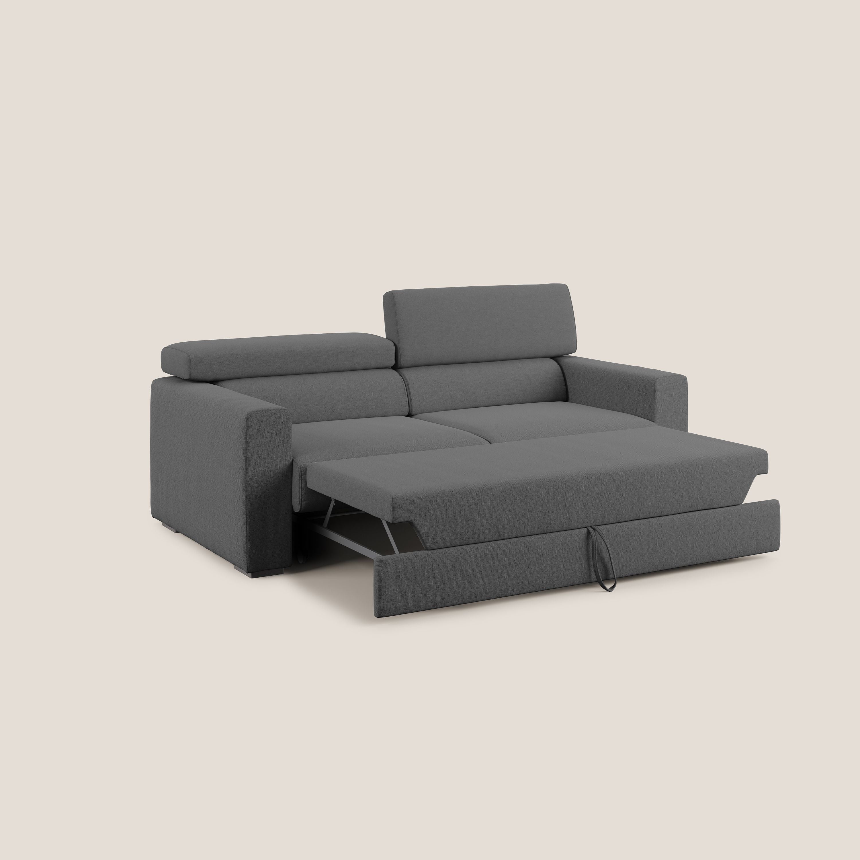 Dylan divano allungabile con pouf estraibile poggiapiedi in tessuto fiammato simil cotone impermeabile T19 antracite - divani.store