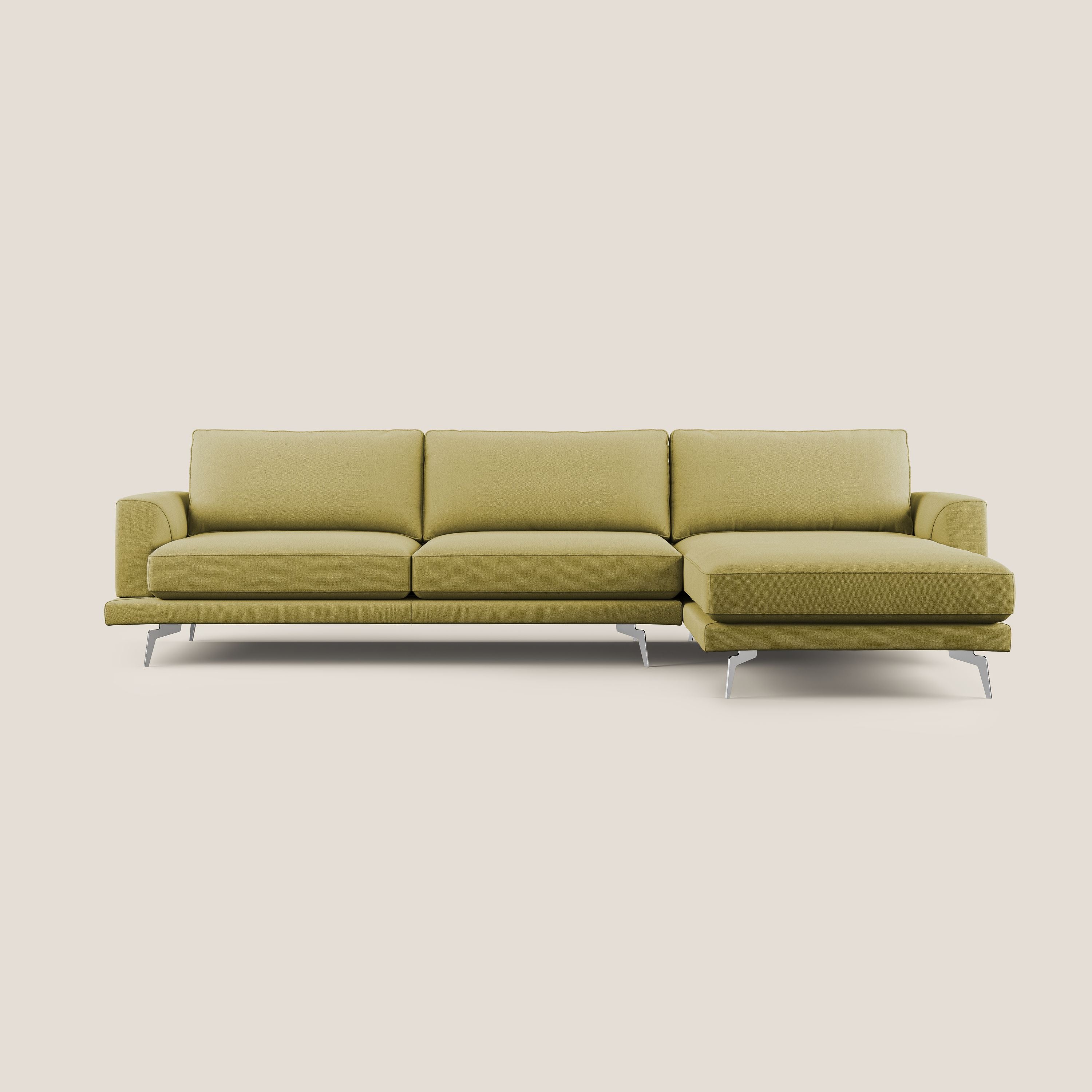 Dorian divano moderno angolare con penisola in tessuto morbido antimacchia T05 giallo - divani.store