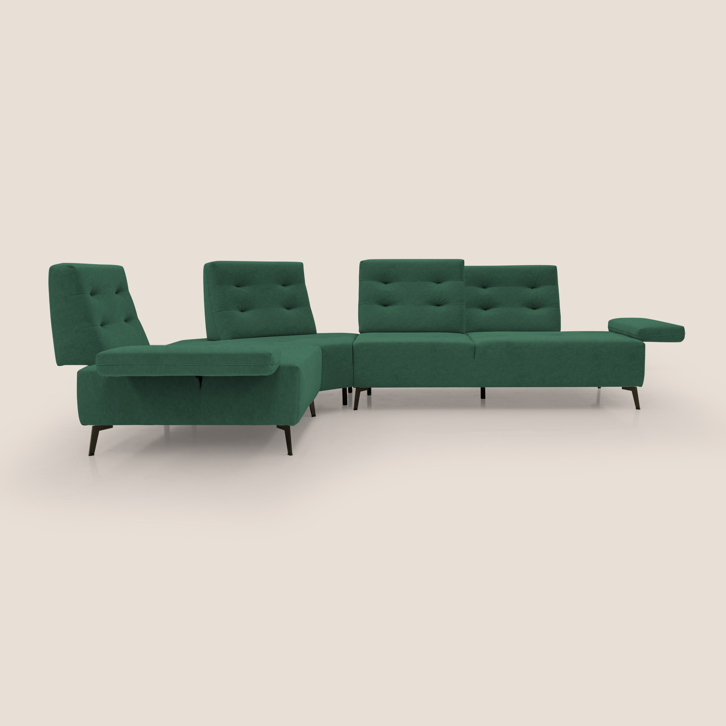 Lugano Divano angolare con schienali traslanti in microfibra effetto velluto T09 verde - divani.store