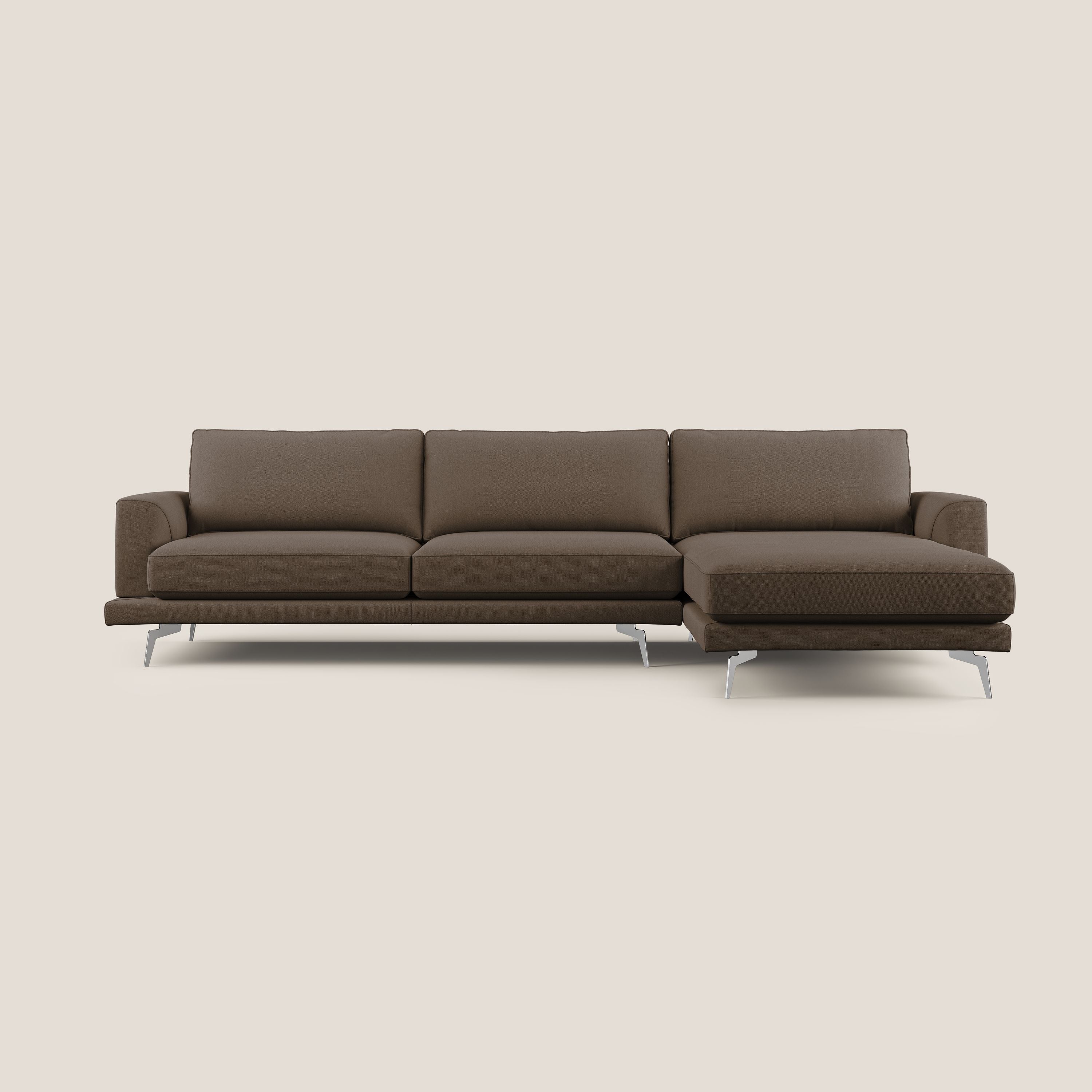 Dorian divano moderno angolare con penisola in tessuto morbido antimacchia T05 marrone - divani.store