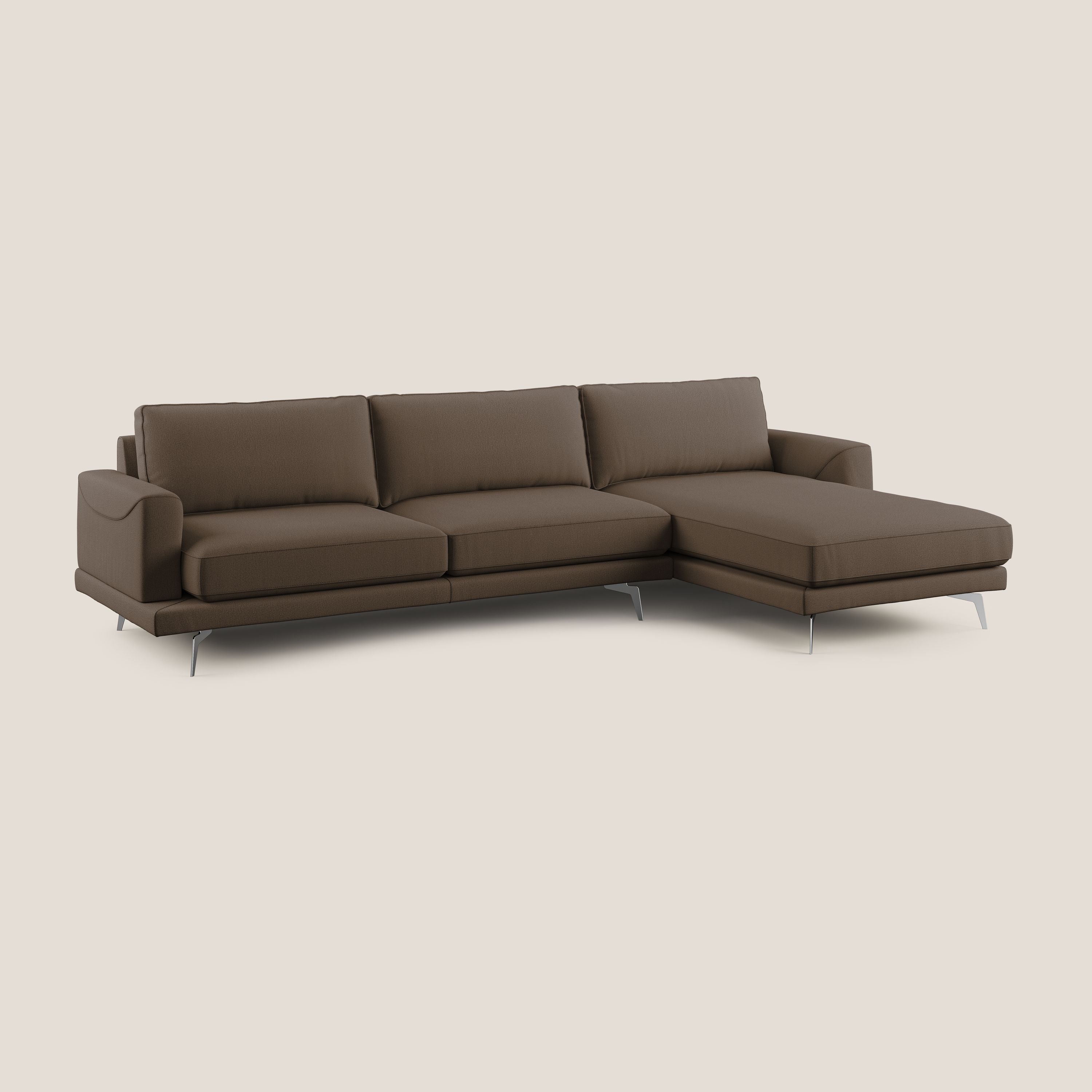 Dorian divano moderno angolare con penisola in tessuto morbido antimacchia T05 marrone - divani.store