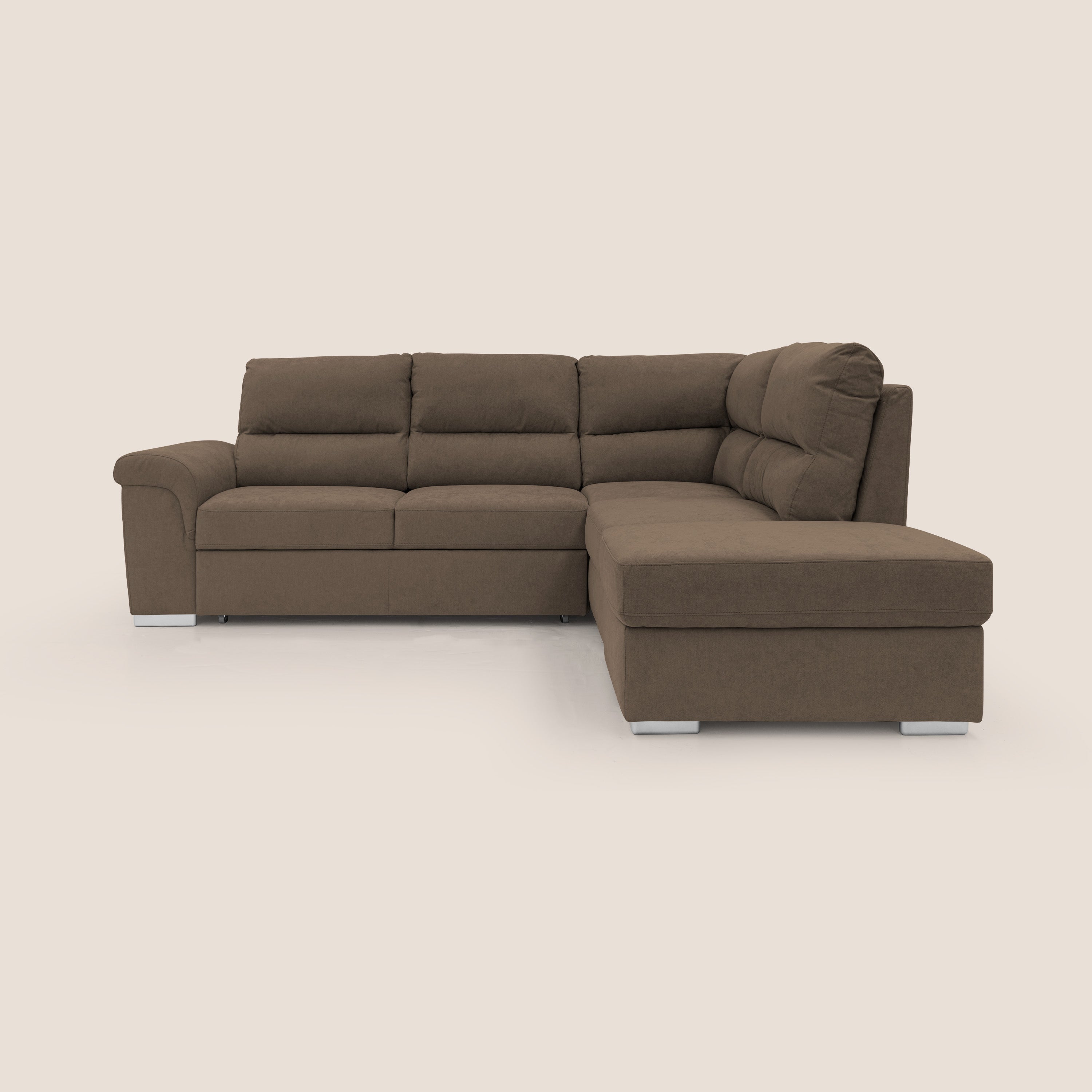 Minerva divano angolare con estraibile a cassettone e pouf contenitore in tessuto morbido impermeabile T02 marrone - divani.store
