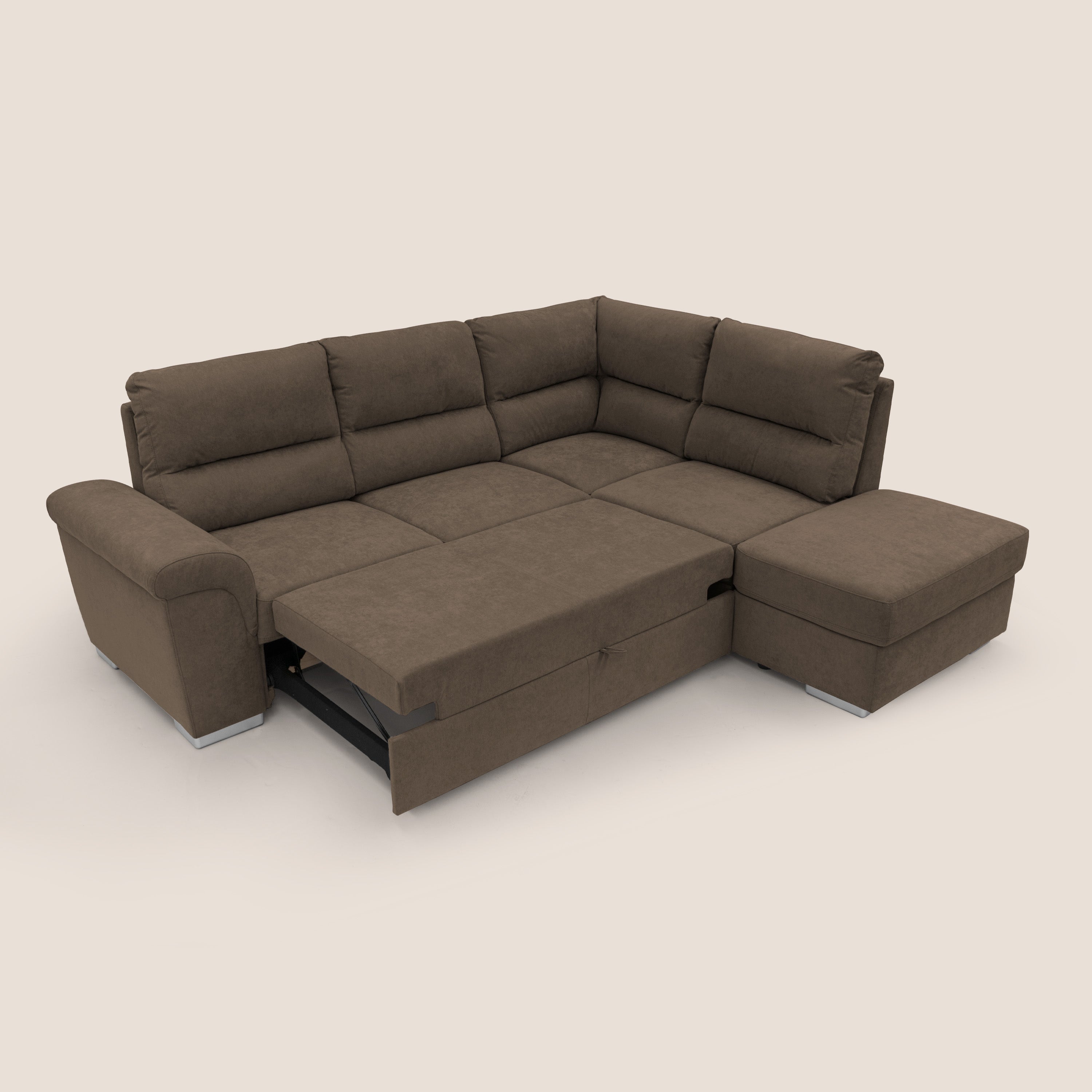Minerva divano angolare con estraibile a cassettone e pouf contenitore in tessuto morbido impermeabile T02 marrone - divani.store