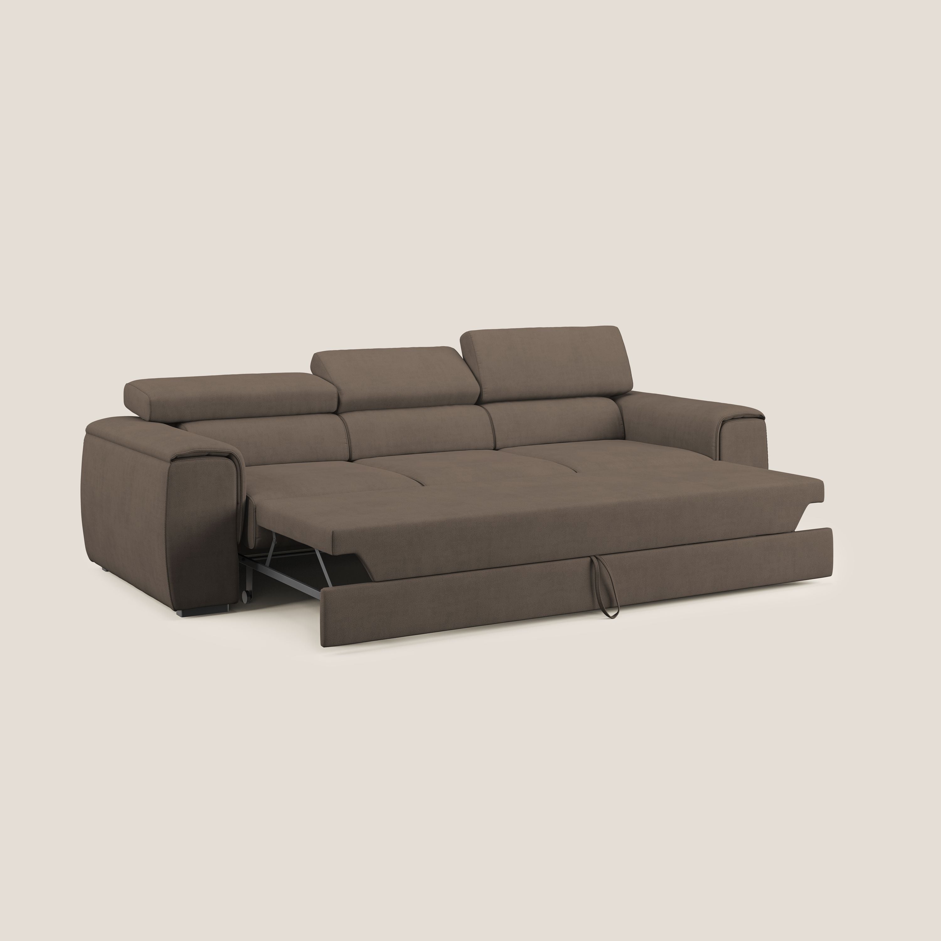 Zeno Divano con pouf estraibile poggiapiedi a 3 sedute in tessuto morbido impermeabile T02 marrone - divani.store