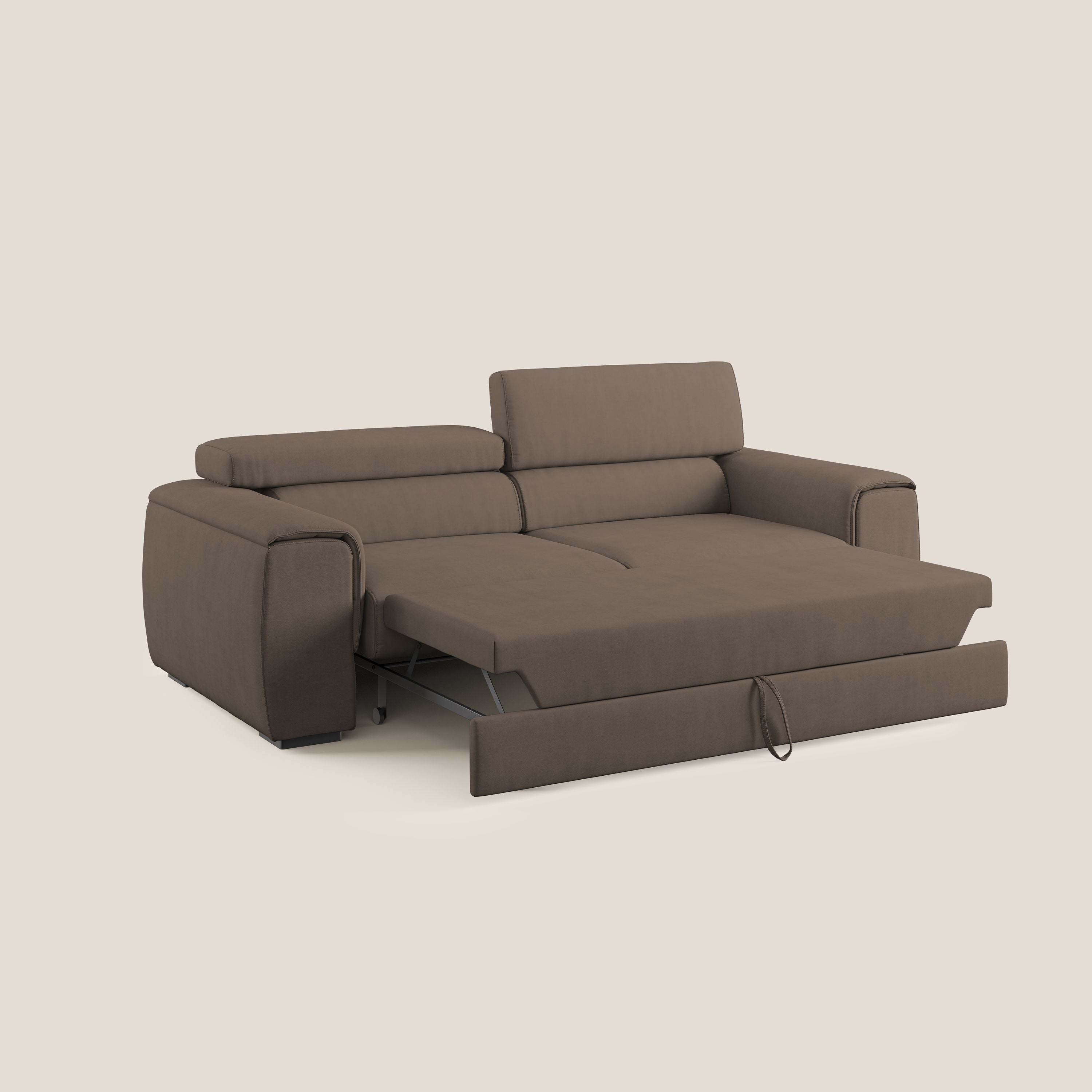 Zeno Divano con pouf estraibile poggiapiedi in tessuto morbido impermeabile T02 marrone - divani.store