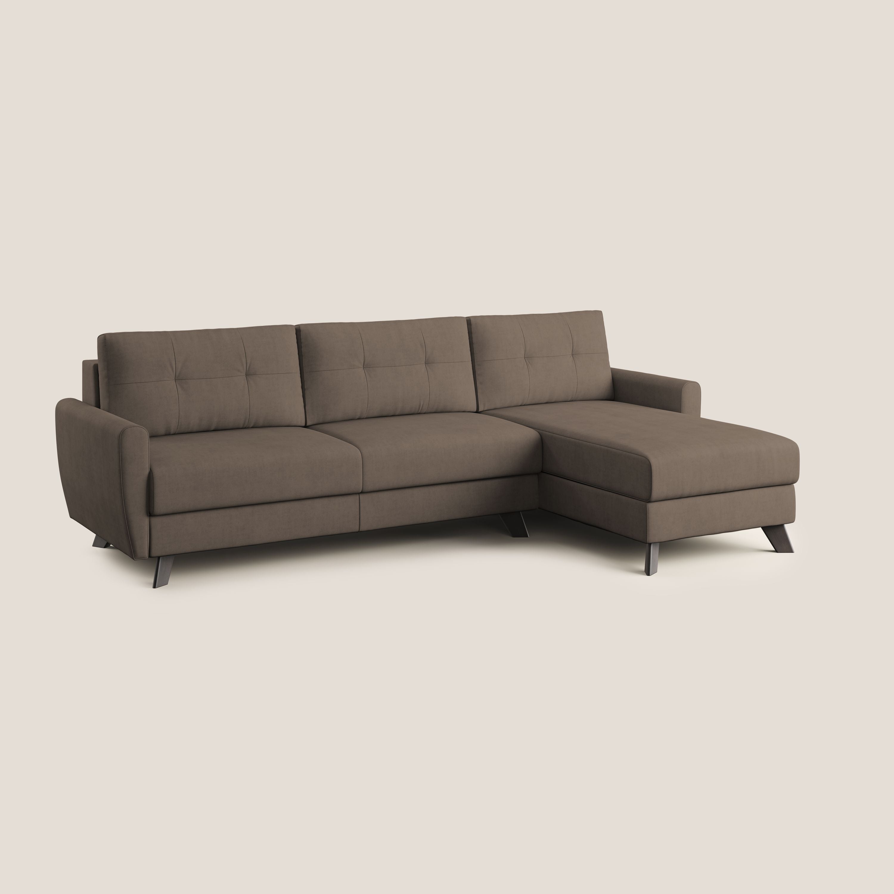 Callisto Divano letto angolare con penisola in tessuto morbido impermeabile T02 marrone - divani.store