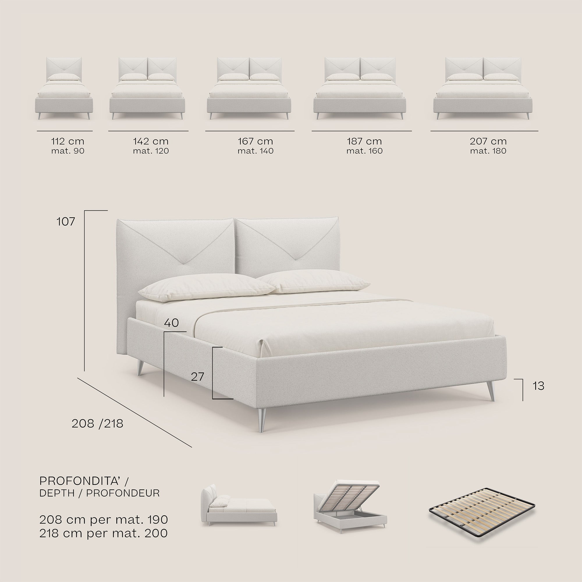 Adone letto imbottito contenitore a doppia pannellatura in bouclet impermeabile T07 bianco - divani.store