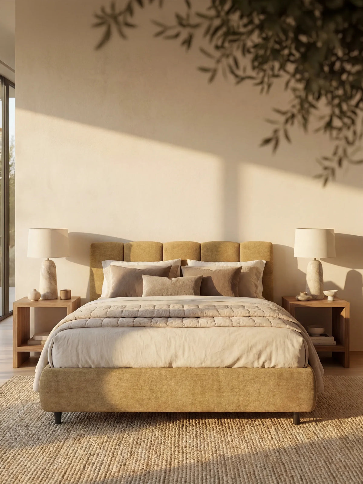 Un’accogliente camera da letto mette in risalto il letto imbottito ARKAM con vano contenitore e testiera a lavorazione verticale di Letti.store, caratterizzato da una lussuosa testiera con cuciture verticali in tessuto certificato Oeko-Tex® e da un elegante design shabby chic. La biancheria da letto dai toni neutri e i cuscini decorativi esaltano l’atmosfera invitante. Due comodini in legno ospitano ciascuno una lampada abbinata e piccoli oggetti decorativi, mentre la luce del sole filtra dalla finestra,