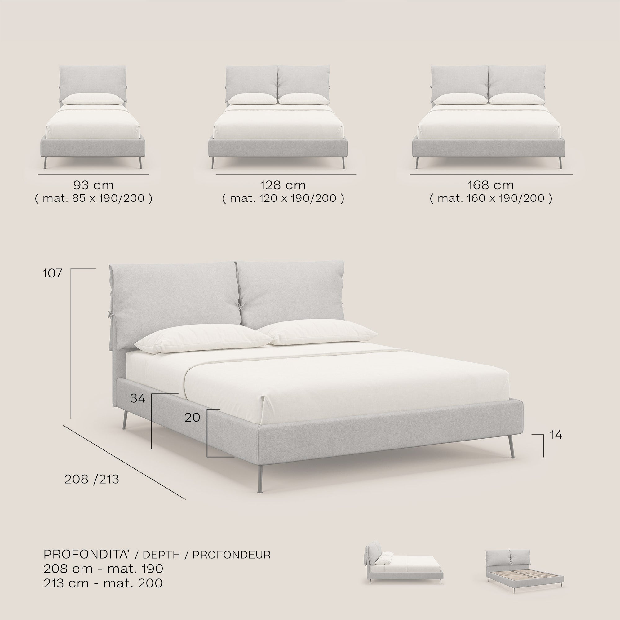 Artemisia letto imbottito con piedini alti sfoderabile in tessuto smacchiabile T17 grigio - divani.store