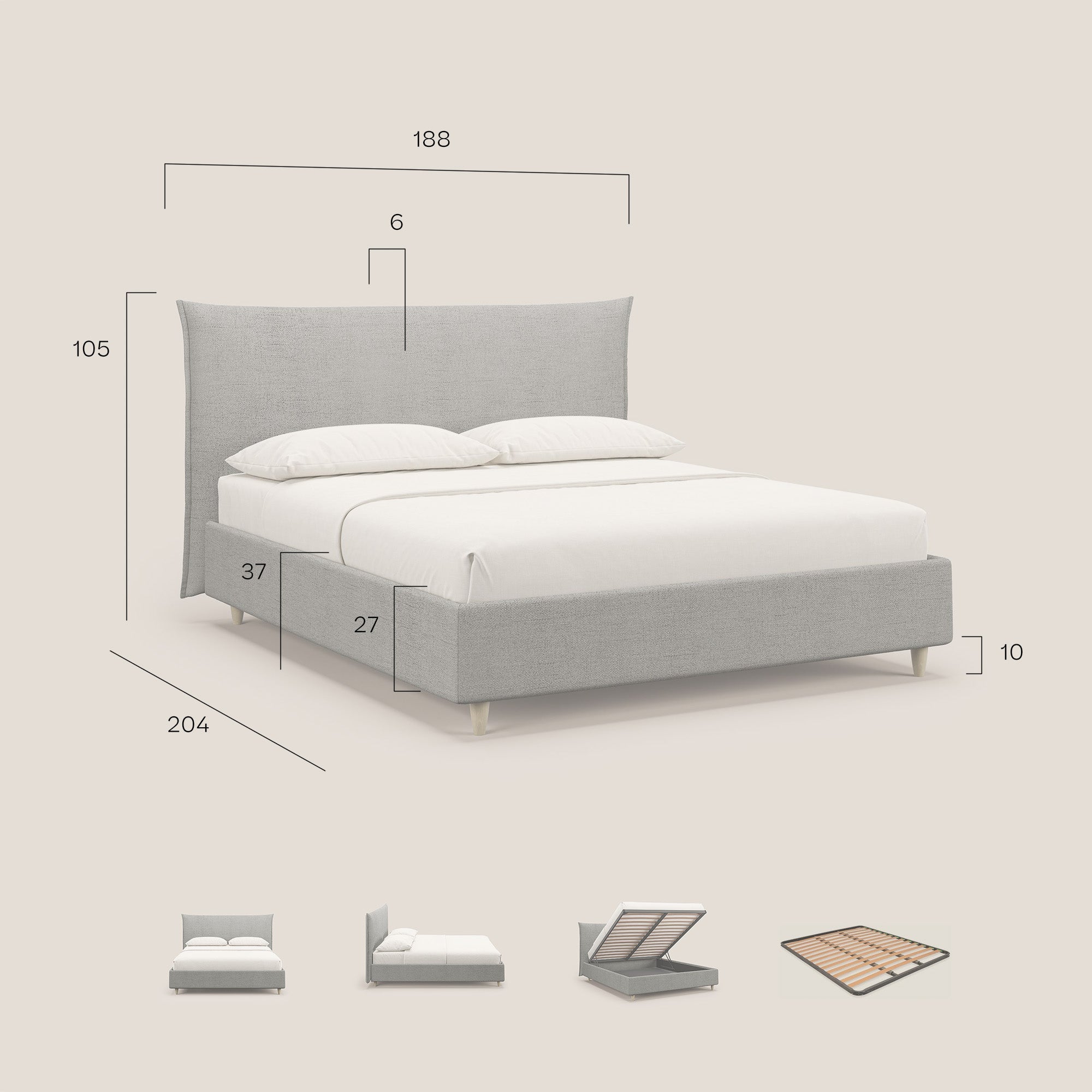 Audrey letto imbottito contenitore e sfoderabile in tessuto fiammato impermeabile T03 grigio - divani.store