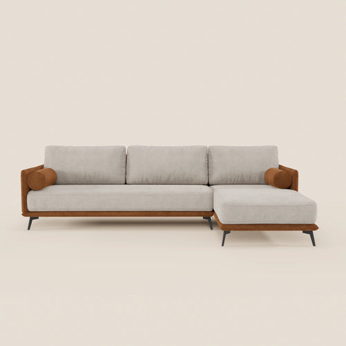 Basalto divano bicolore angolare con penisola e base in metallo - schienali in piuma e tessuto smacchiabile T31 - divani.store