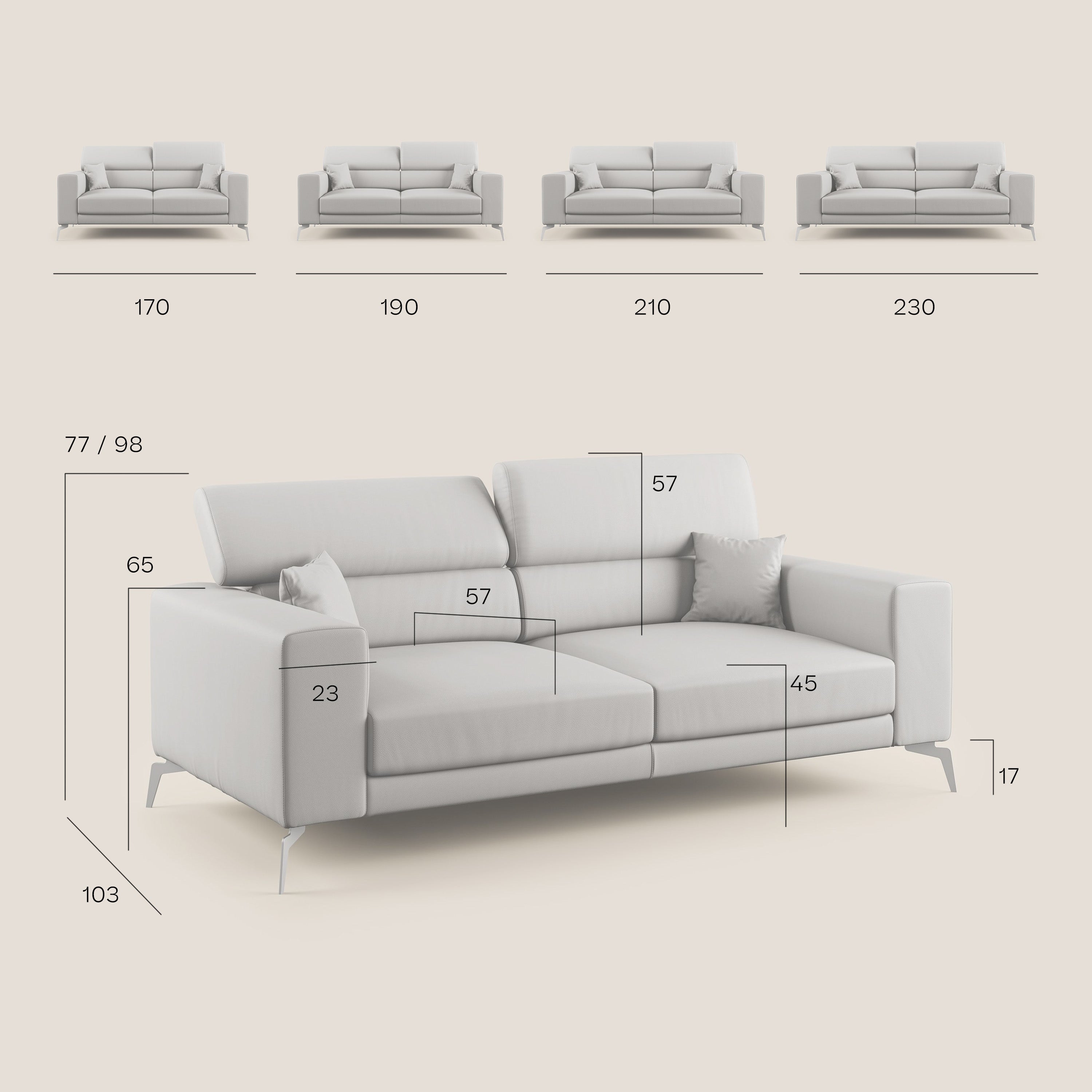 Blade Divano con poggiatesta reclinabili in tessuto impermeabile misto cotone T13 grigio - divani.store
