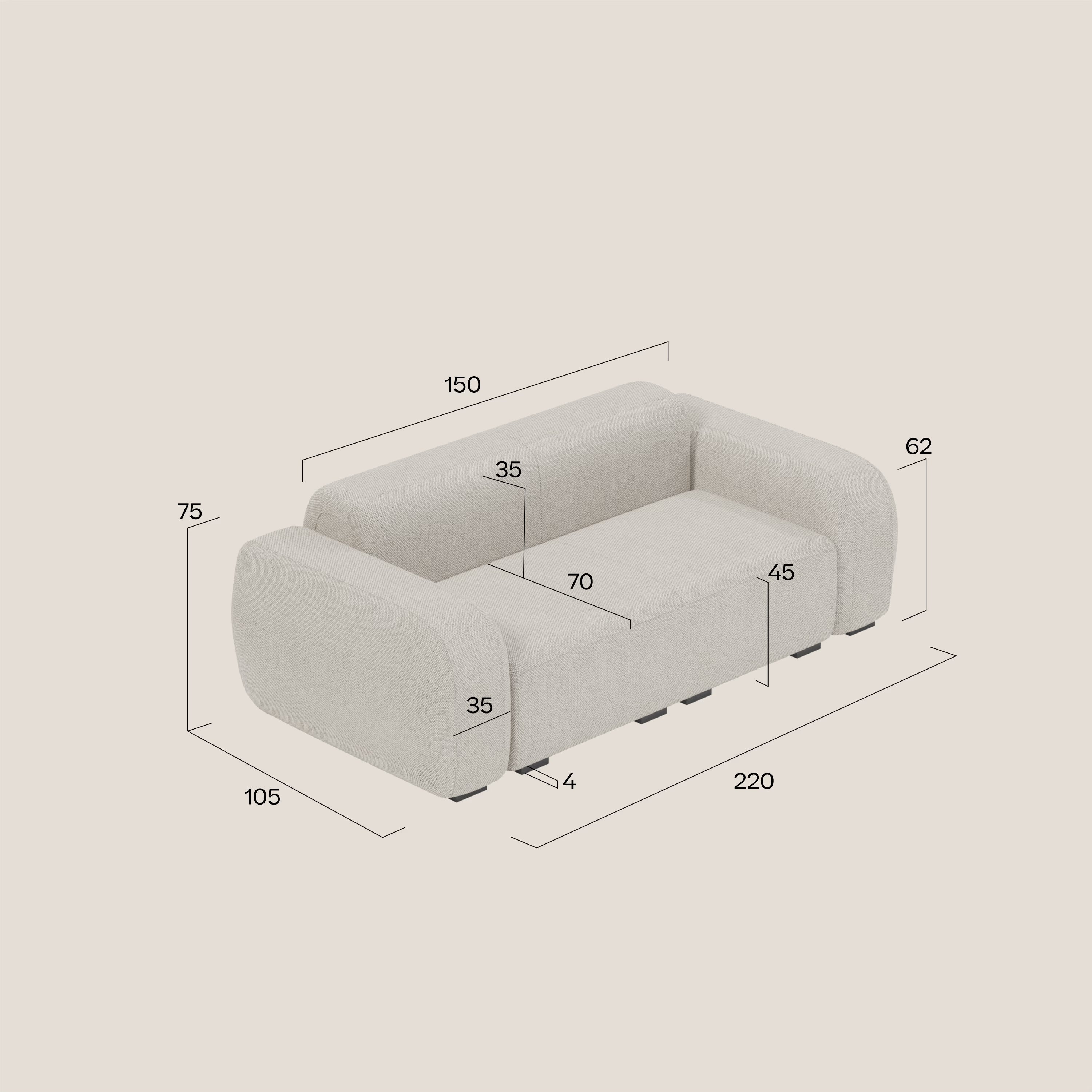 BonBon Canapé modulaire Lineare 220 – Assise unique en tissu détachable T23 pêche